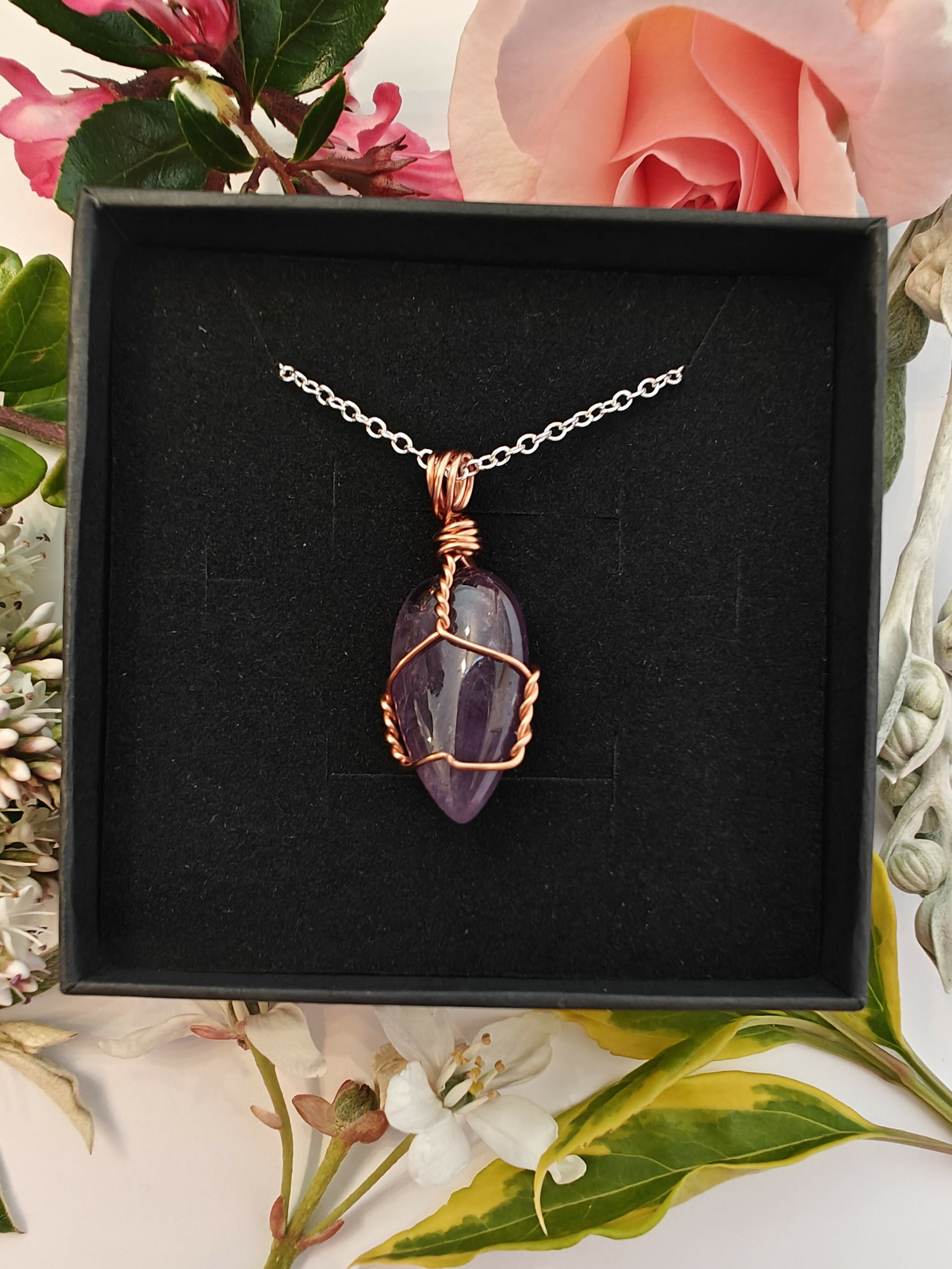 Amethyst Wire Wrapped Crystal Necklace on Sterling Silver Chain