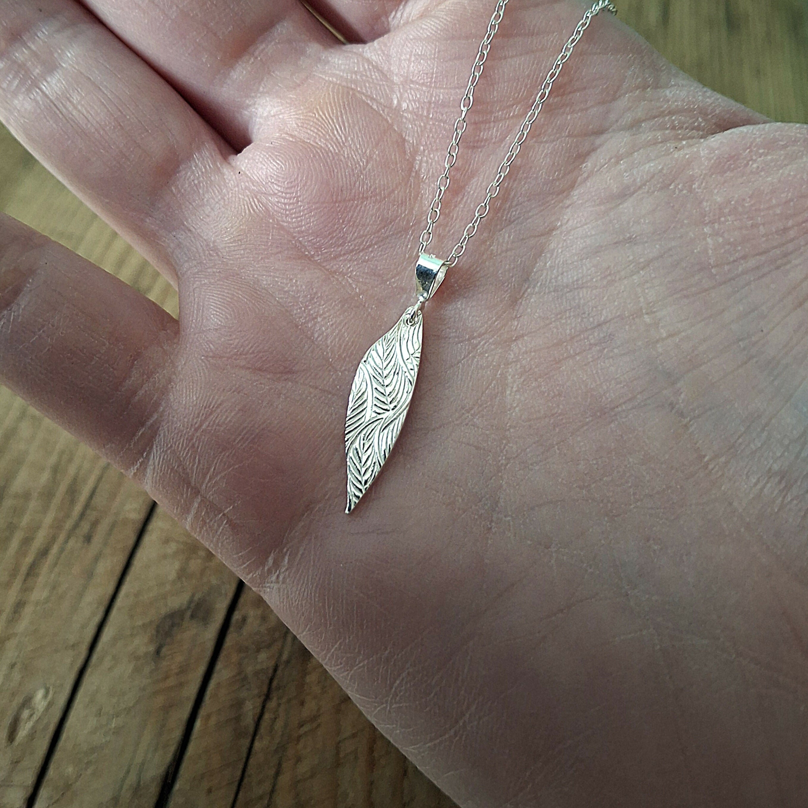 Handmade Silver Drop Leaf Necklace Leafy Texture