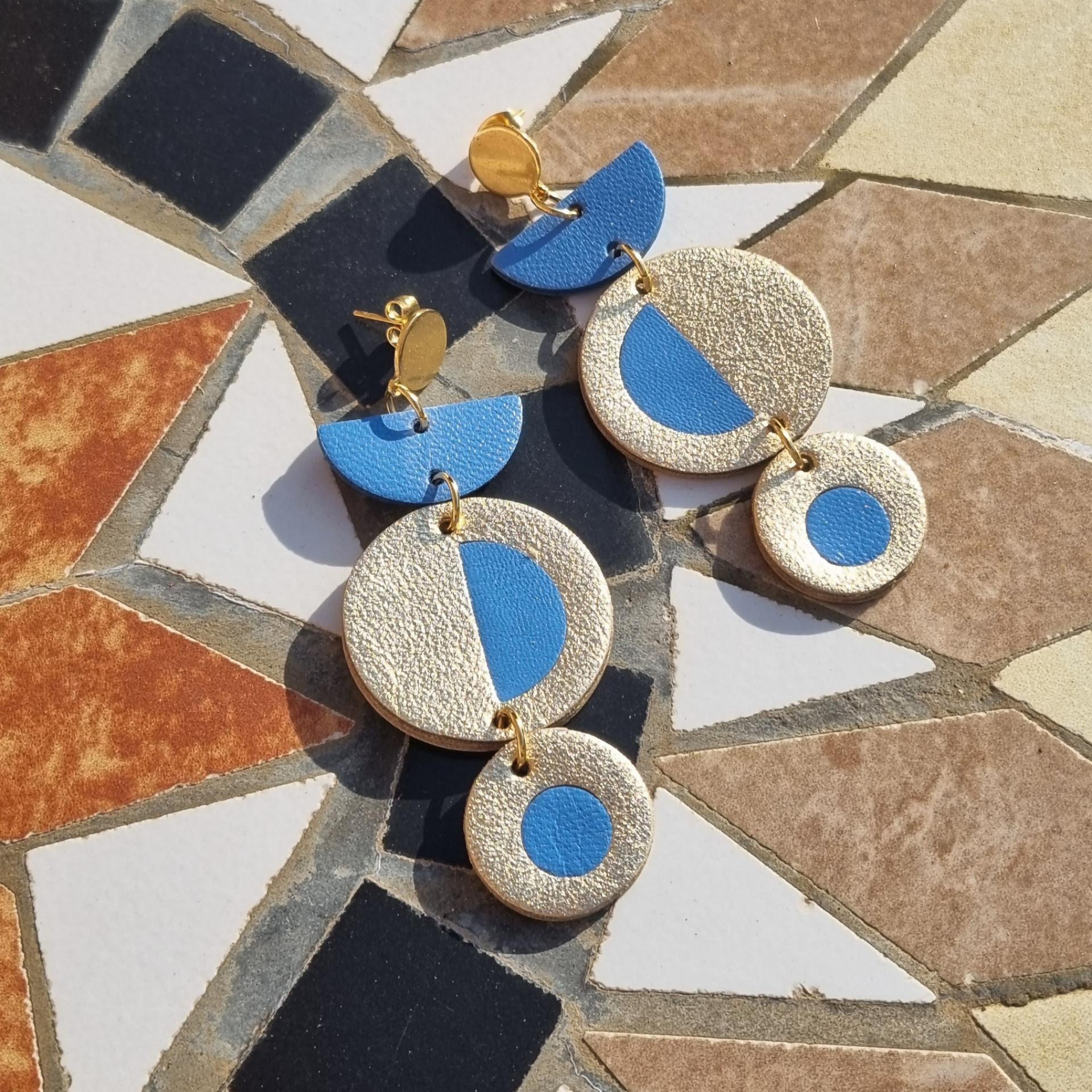 Three Tiered Gold and Blue Inlay Earrings
