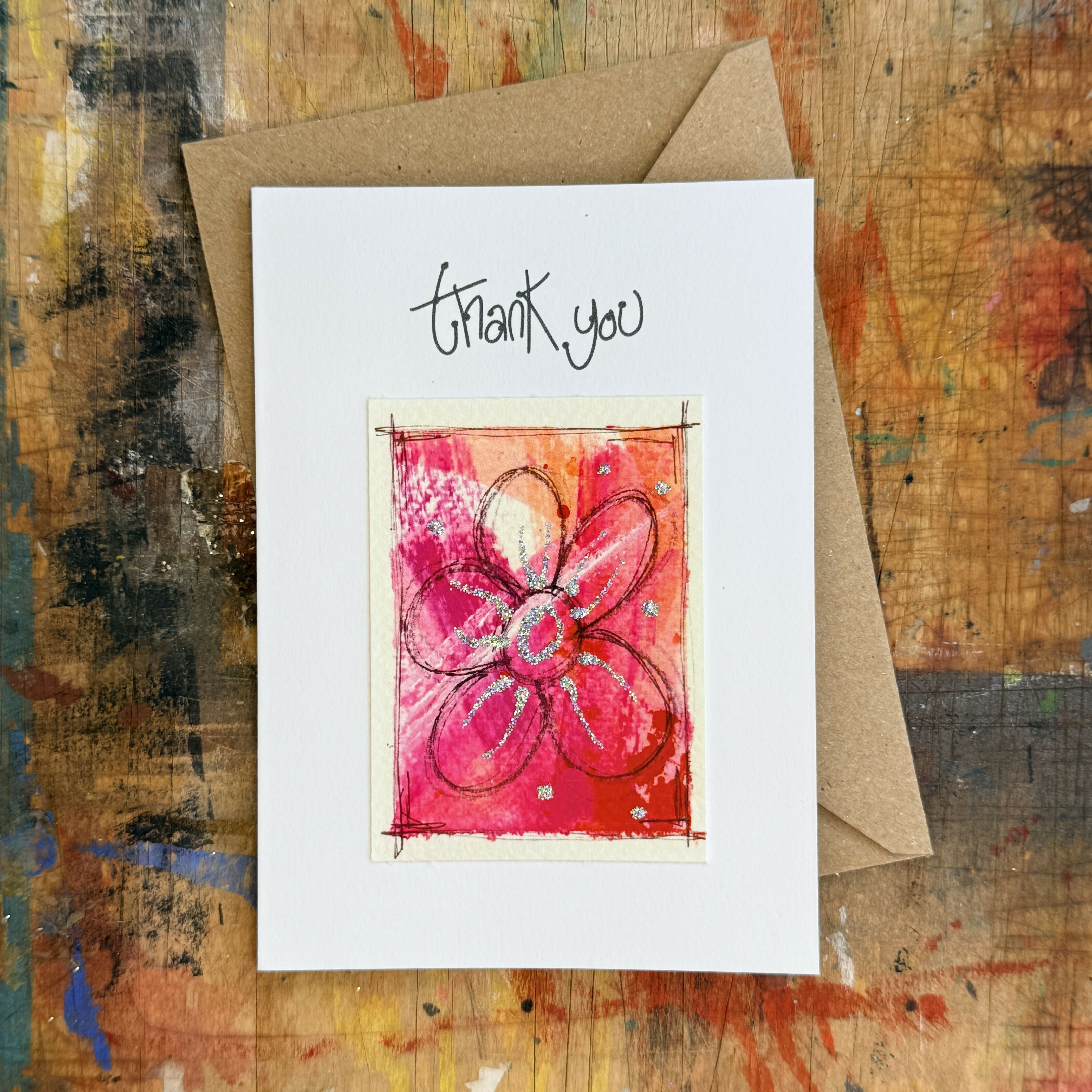 Abstract Sparkle Flower Thank You Card in Pink