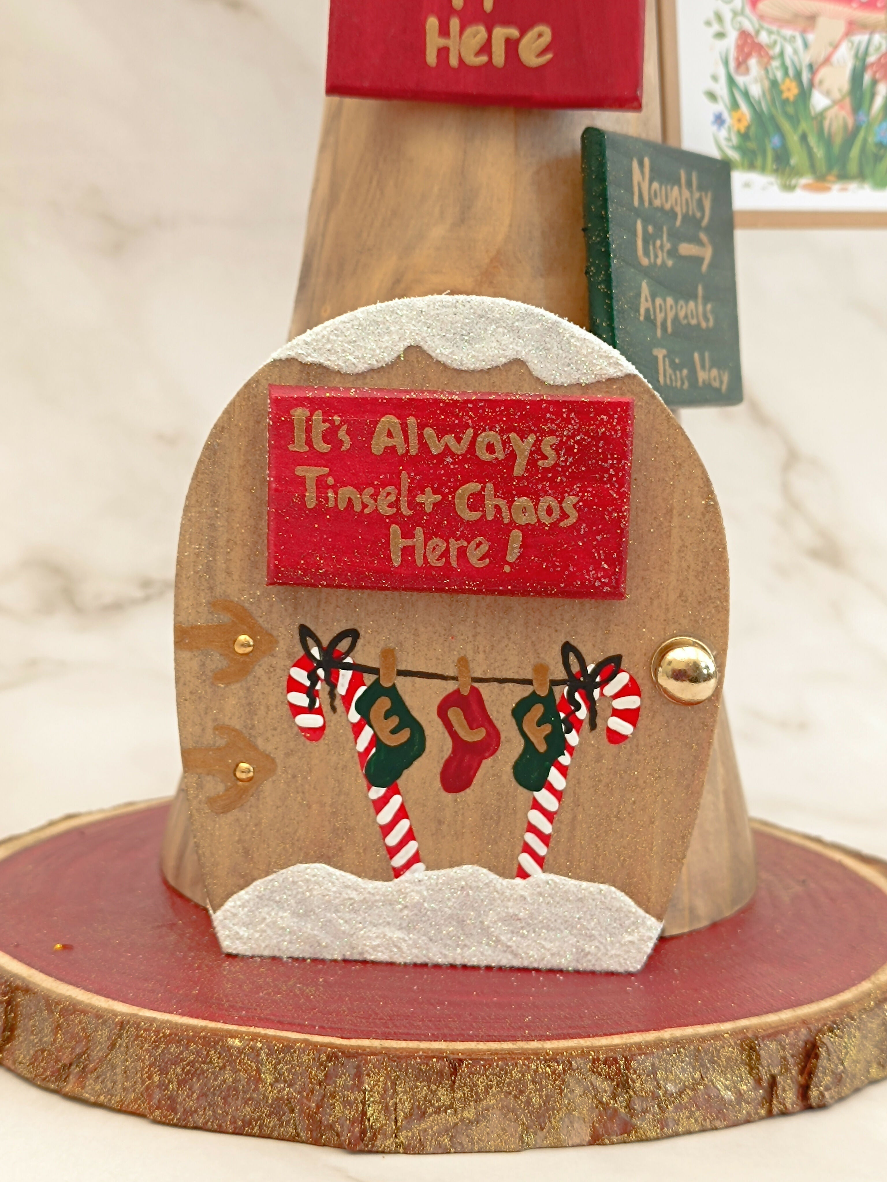30cm Red Handmade, Free Standing Painted Wooden Fluted Topped Toadstool Elf House - Whimsical Woodland Ornament & Holiday Keepsake