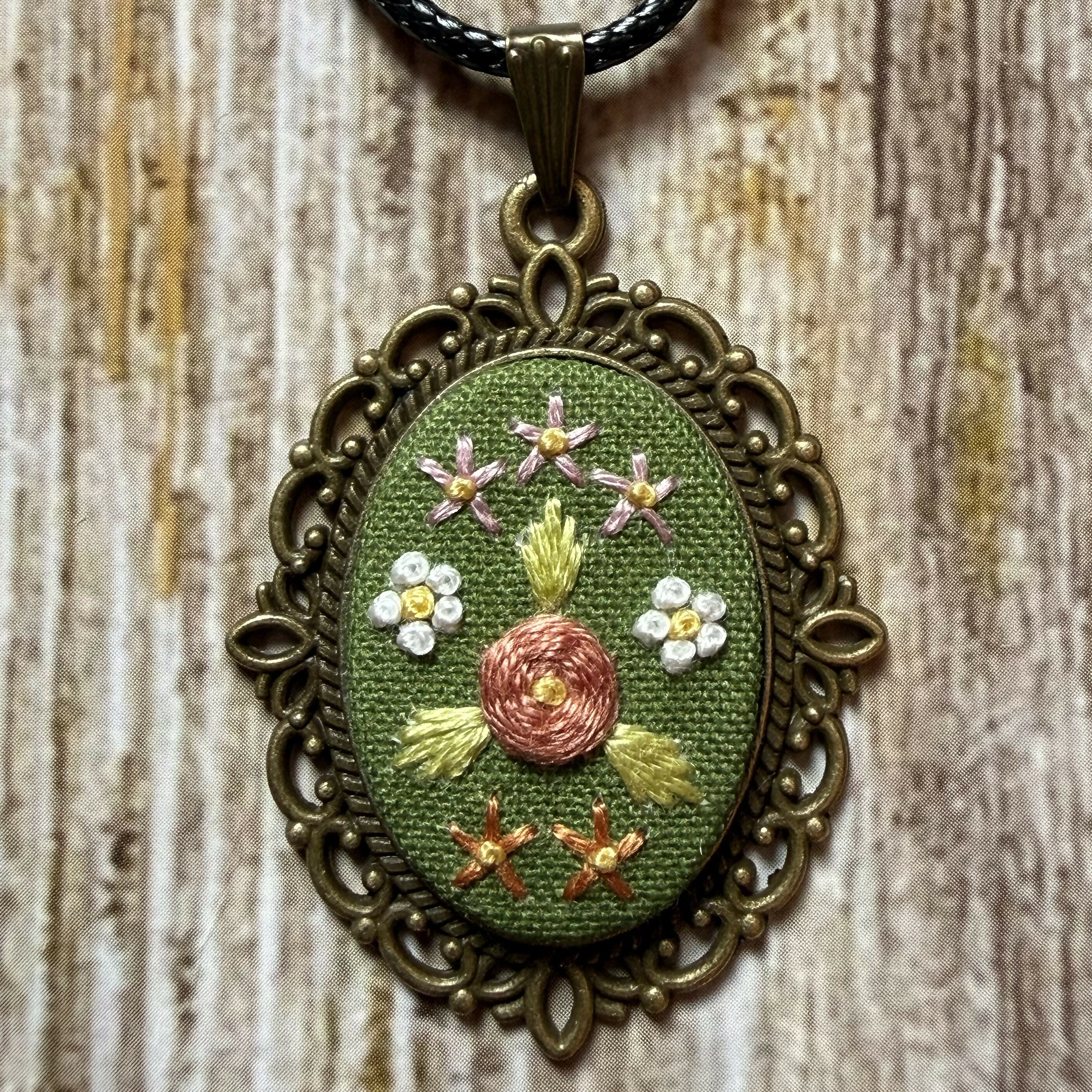 Green Floral Hand Embroidered Necklace