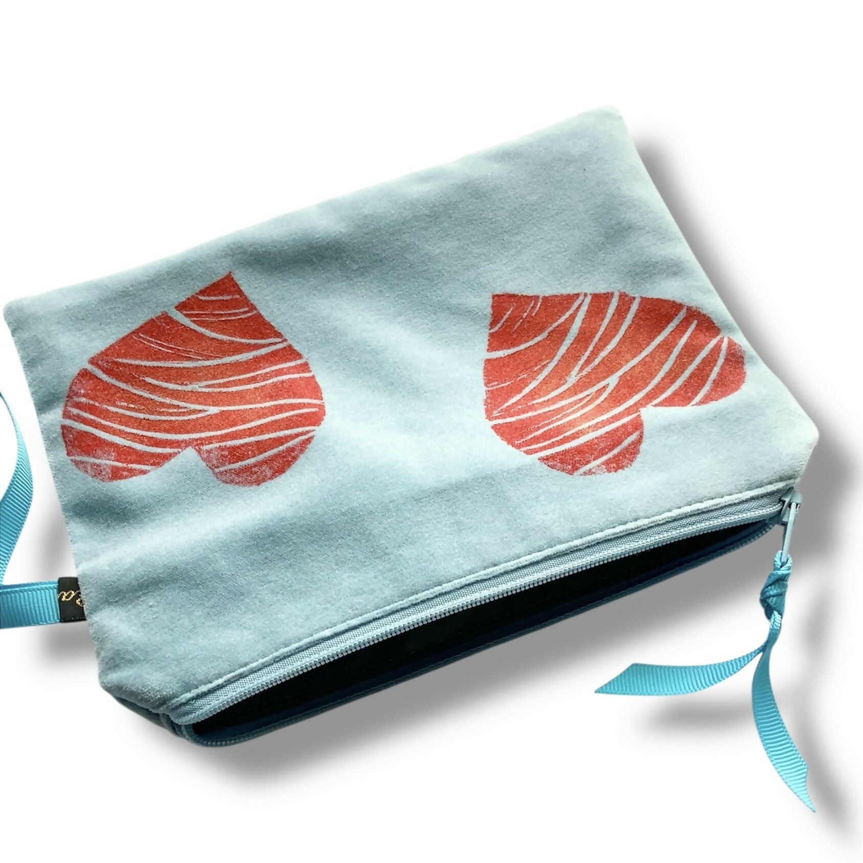 Blue Love Hearts Velvet Zip-Up Pouch