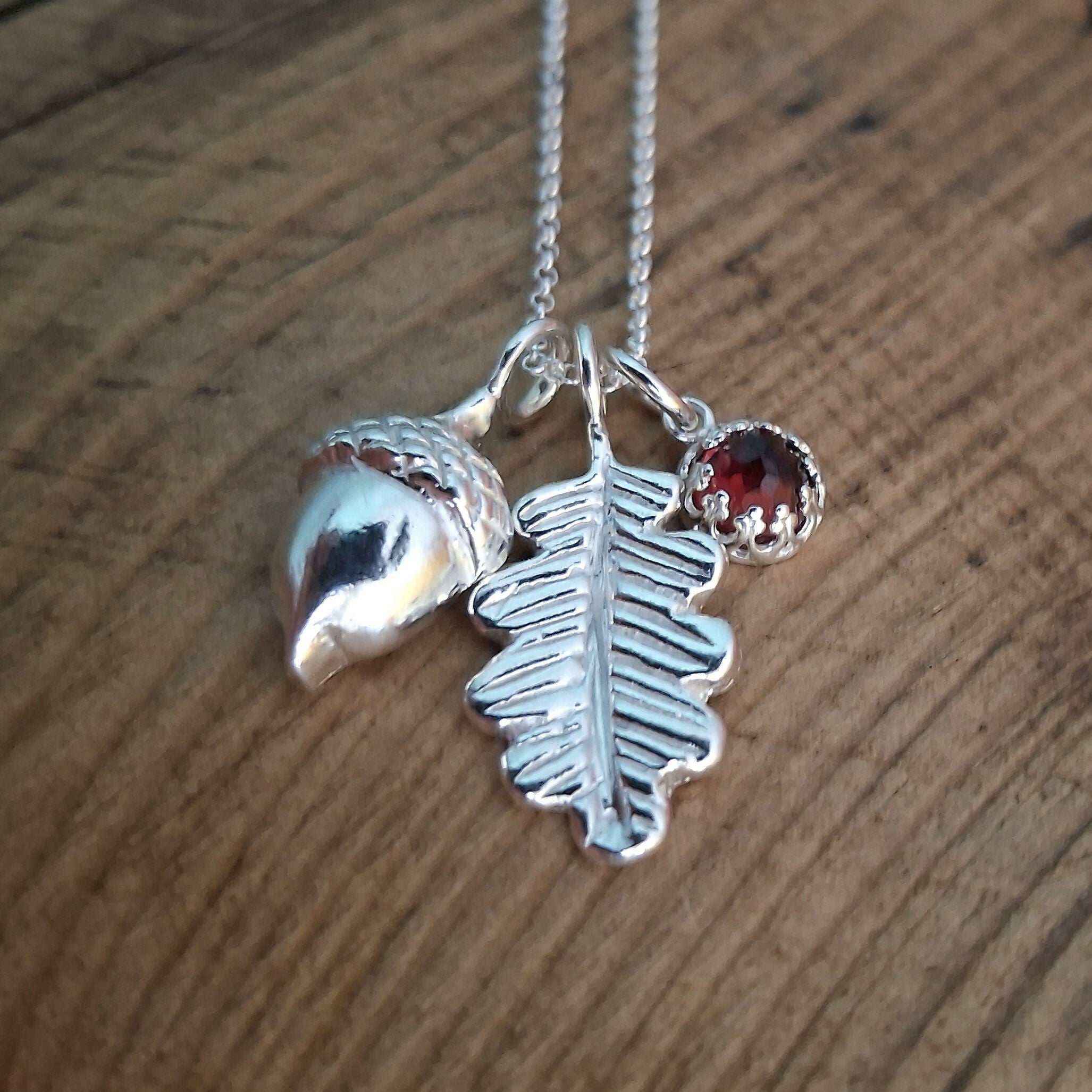 Handmade Large Oak Leaf & Acorn Necklace With Garnet