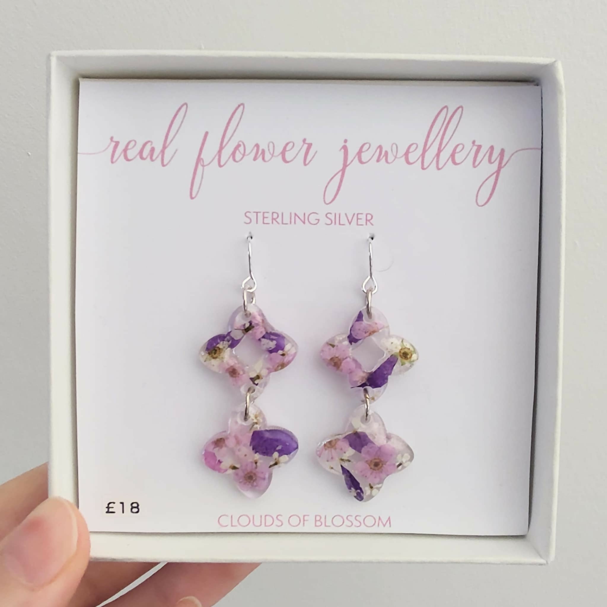 Real Flower Purple Clover Long Dangle Earrings Sterling Silver
