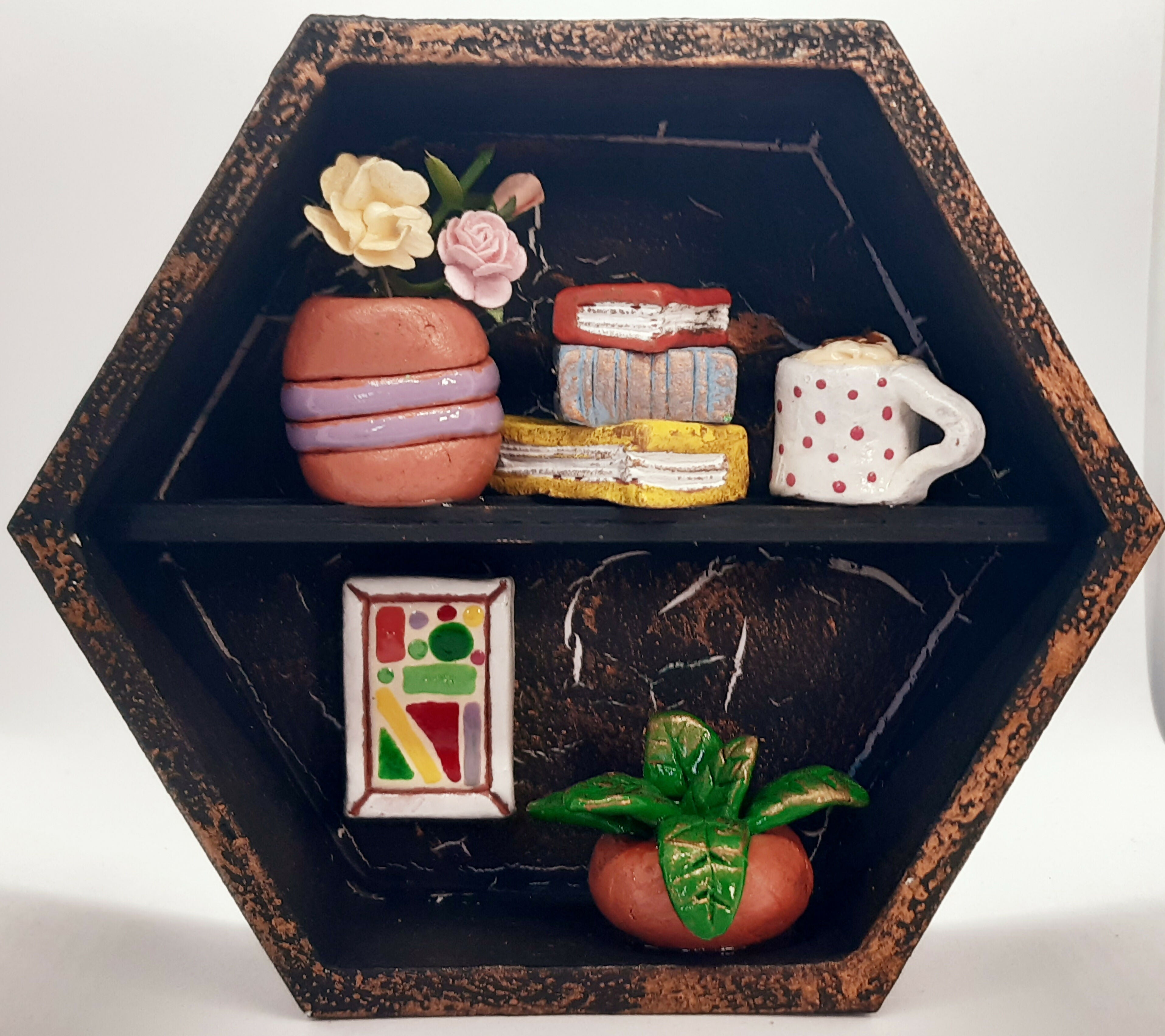 Shelf Clay Trinket Filled Hexagonal Diorama Decoration