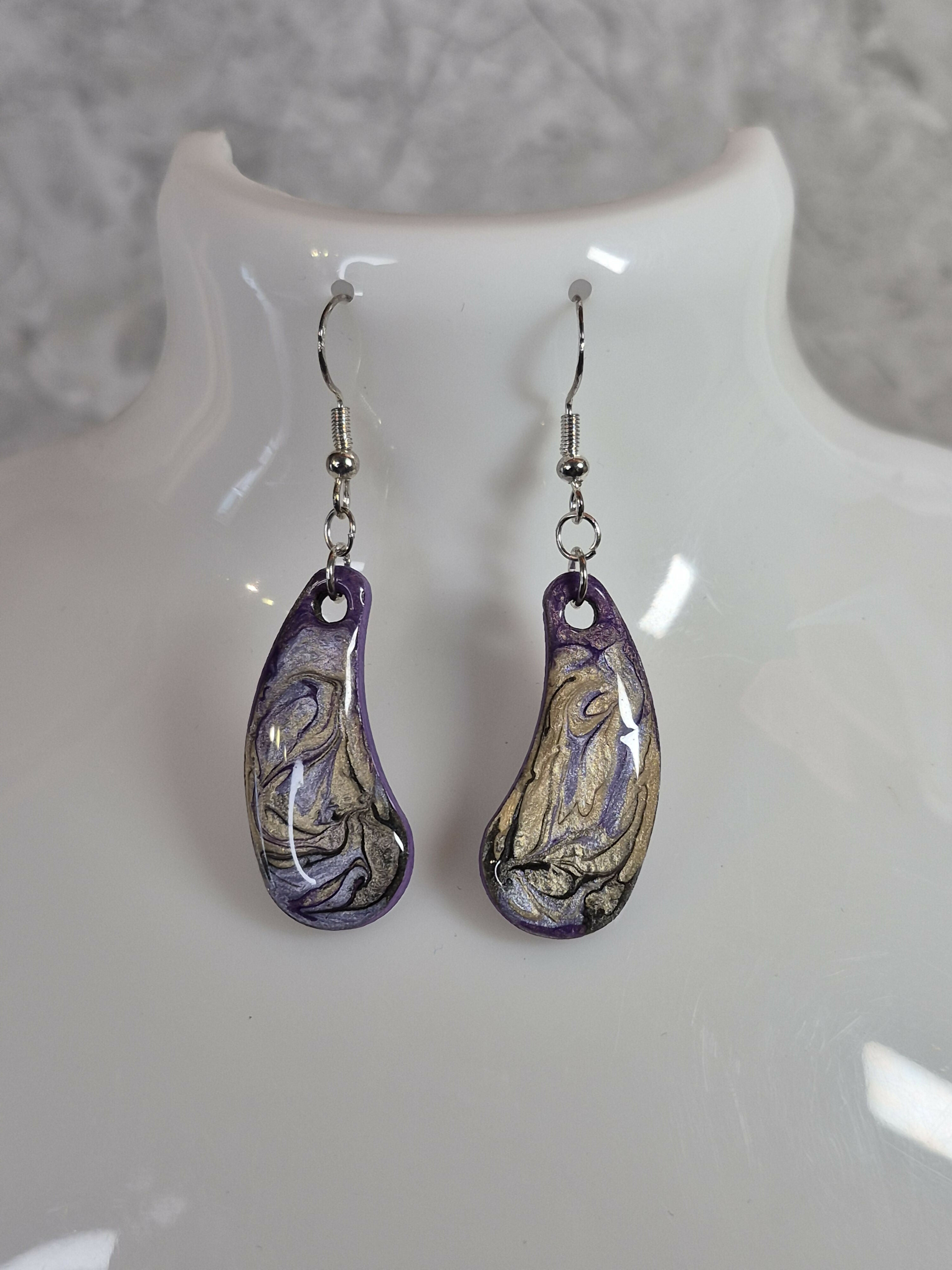 Handcrafted Teardrop Shaped Purple, Lilac, Cream And Black Earrings