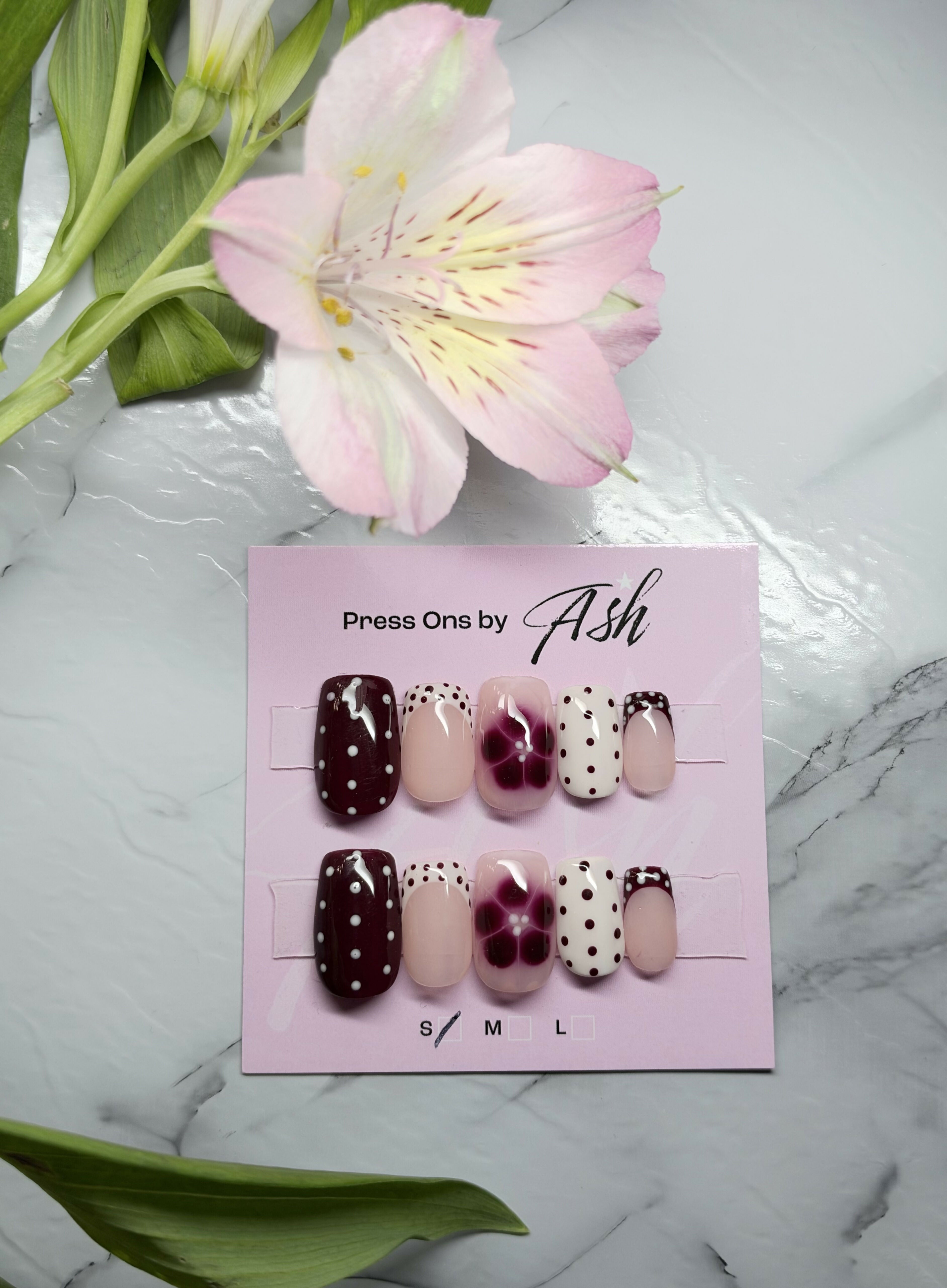 Reusable White And Brown Dotty French Tip With Flowers Handmade Press On Nails