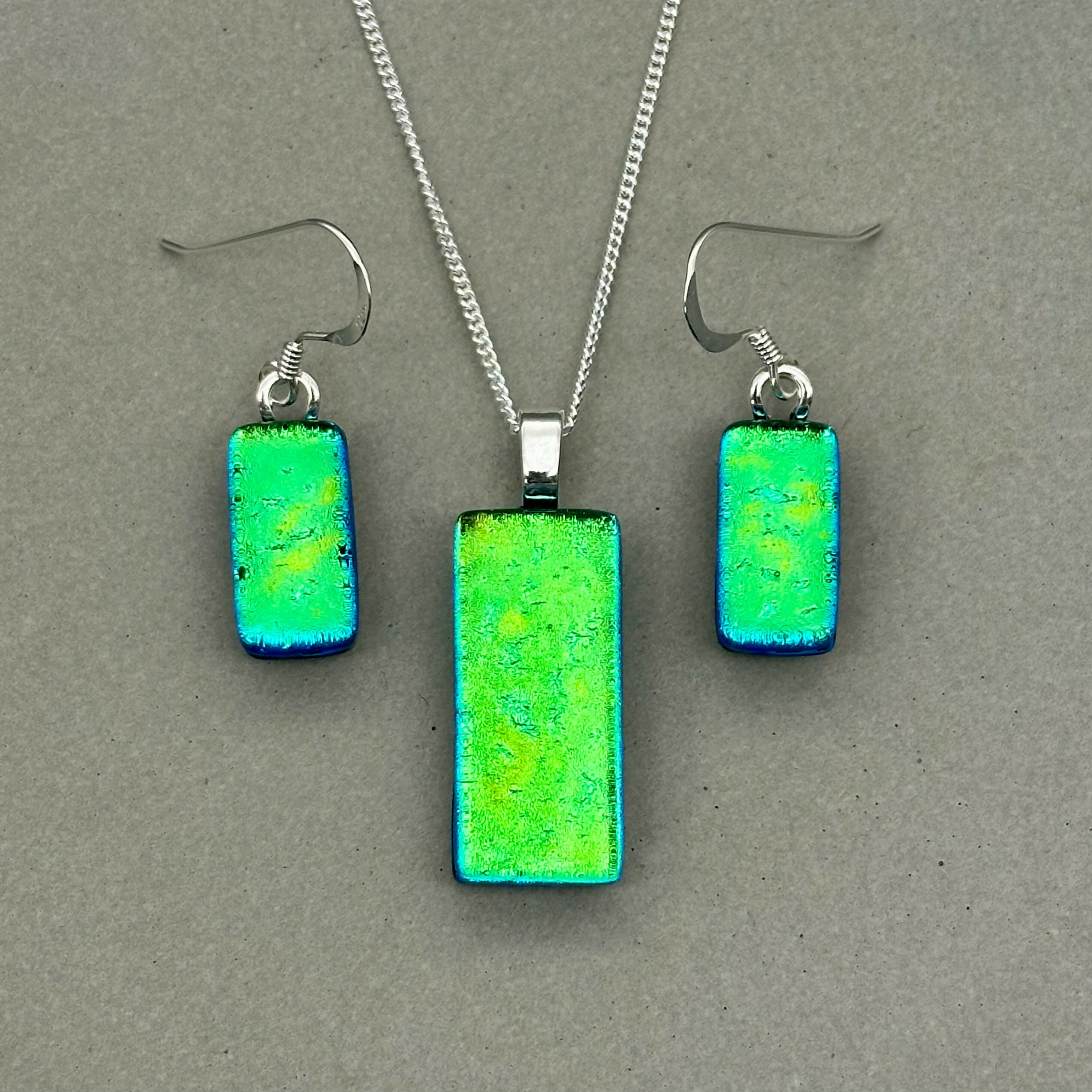 Green Dichroic Glass Necklace and Earrings Set - Sterling Silver, Handmade by Jade Tapson Glass.