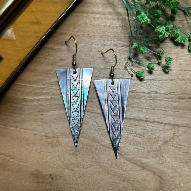 Stunning Gold Plated Mother of Pearl Pattered Triangle Earrings