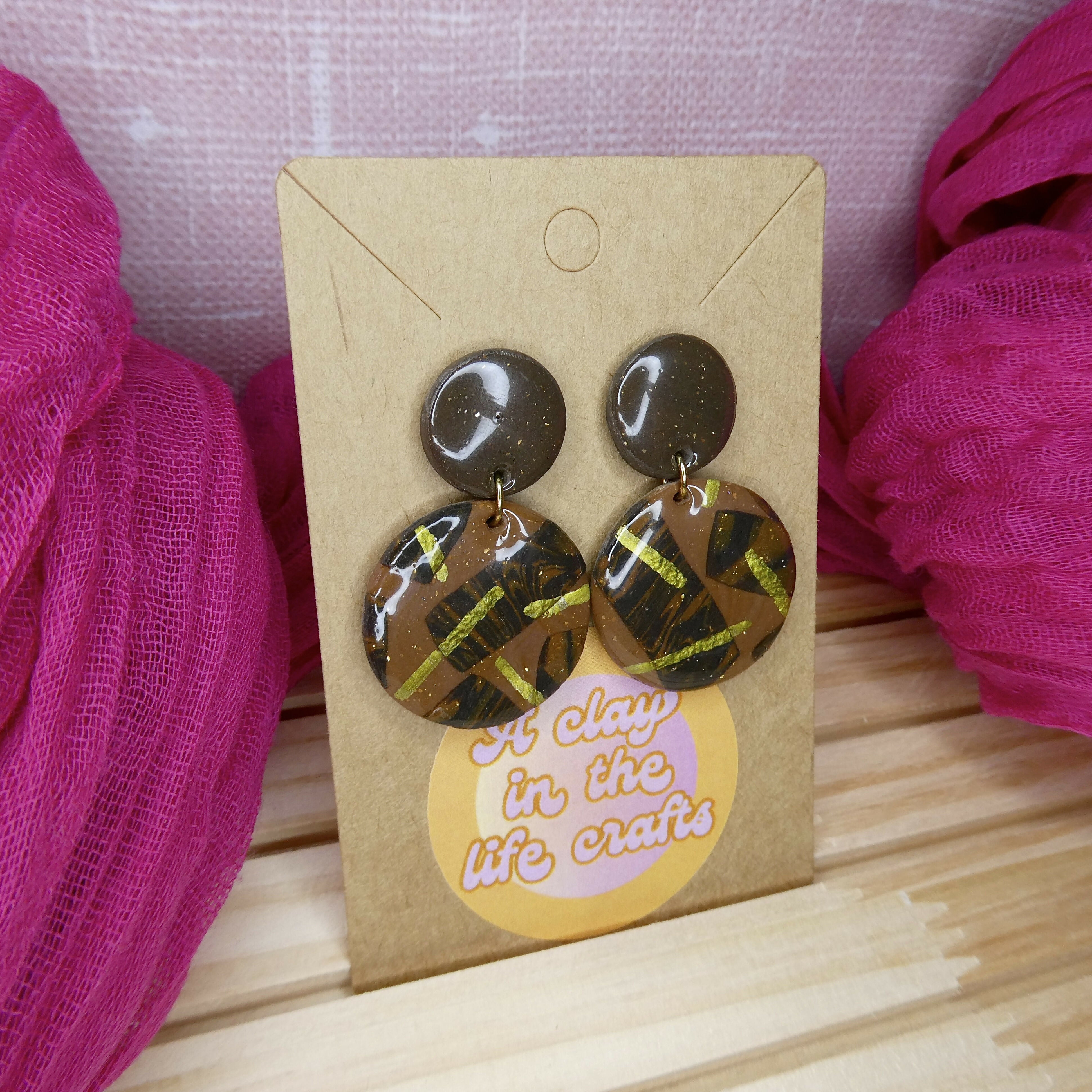 Brown And Gold Geometric Abstract Line Earrings