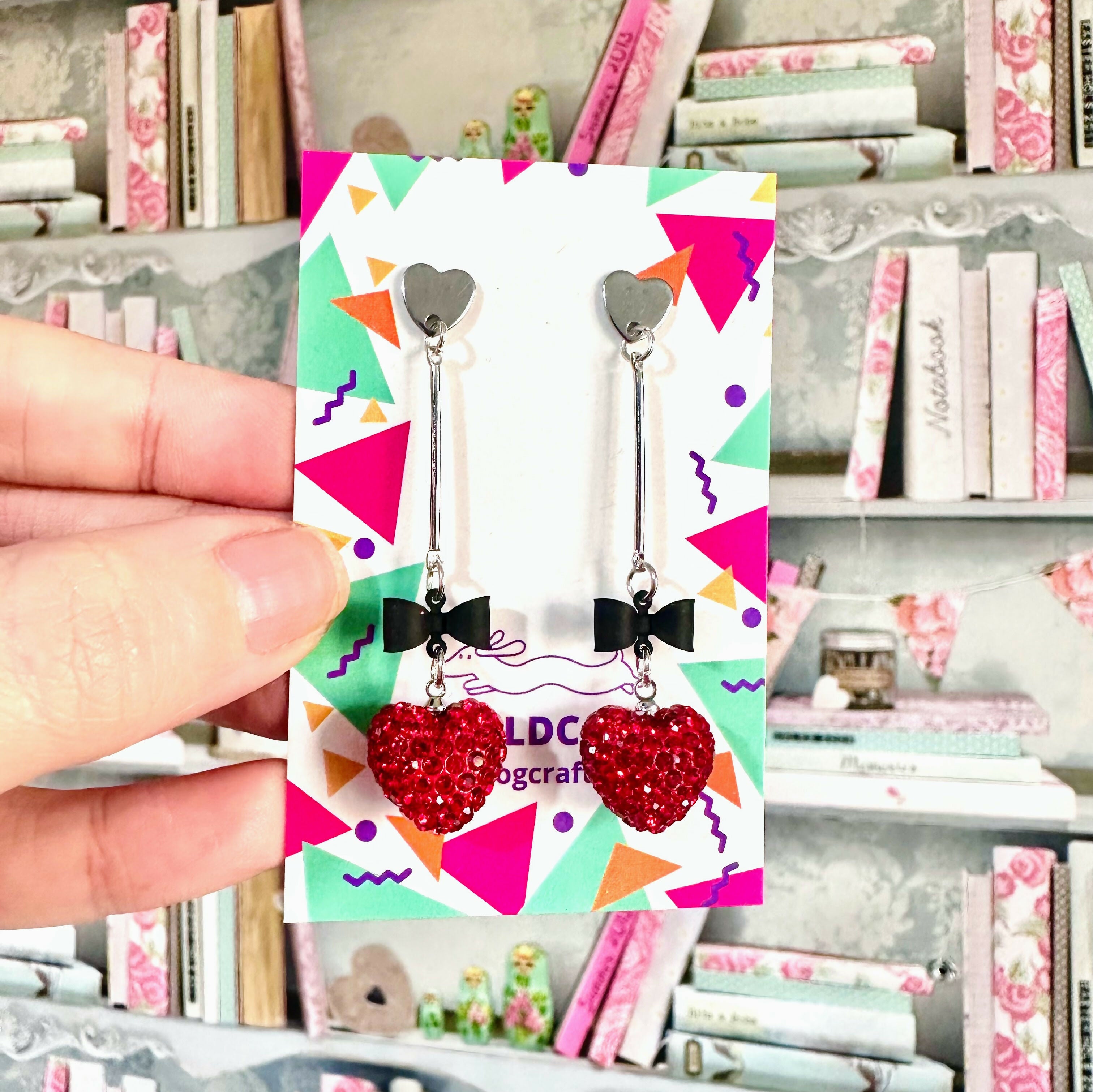 Red Glitz Heart Drop Stud Earrings