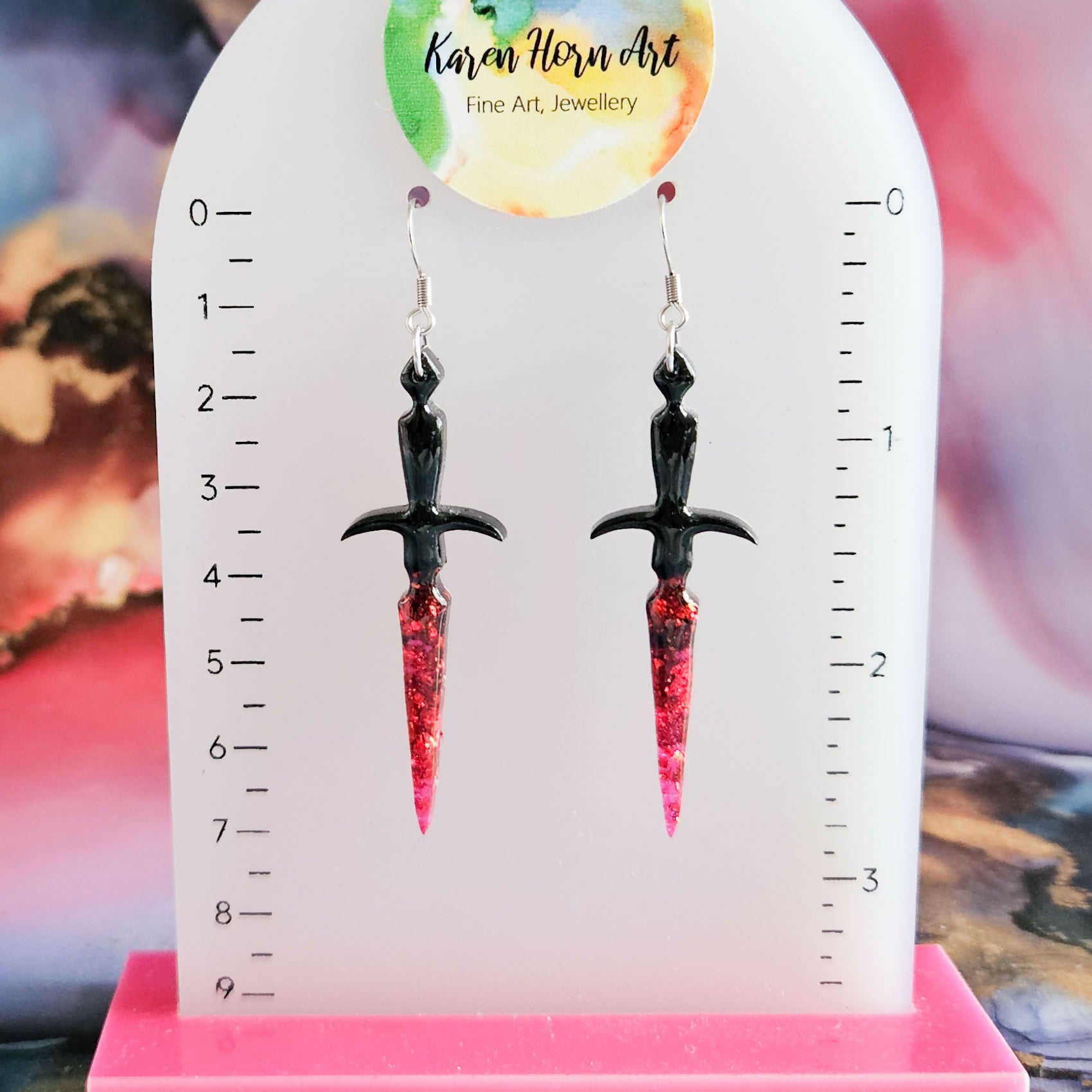 Handmade Resin Dagger Dangle Earrings Silver Or Red