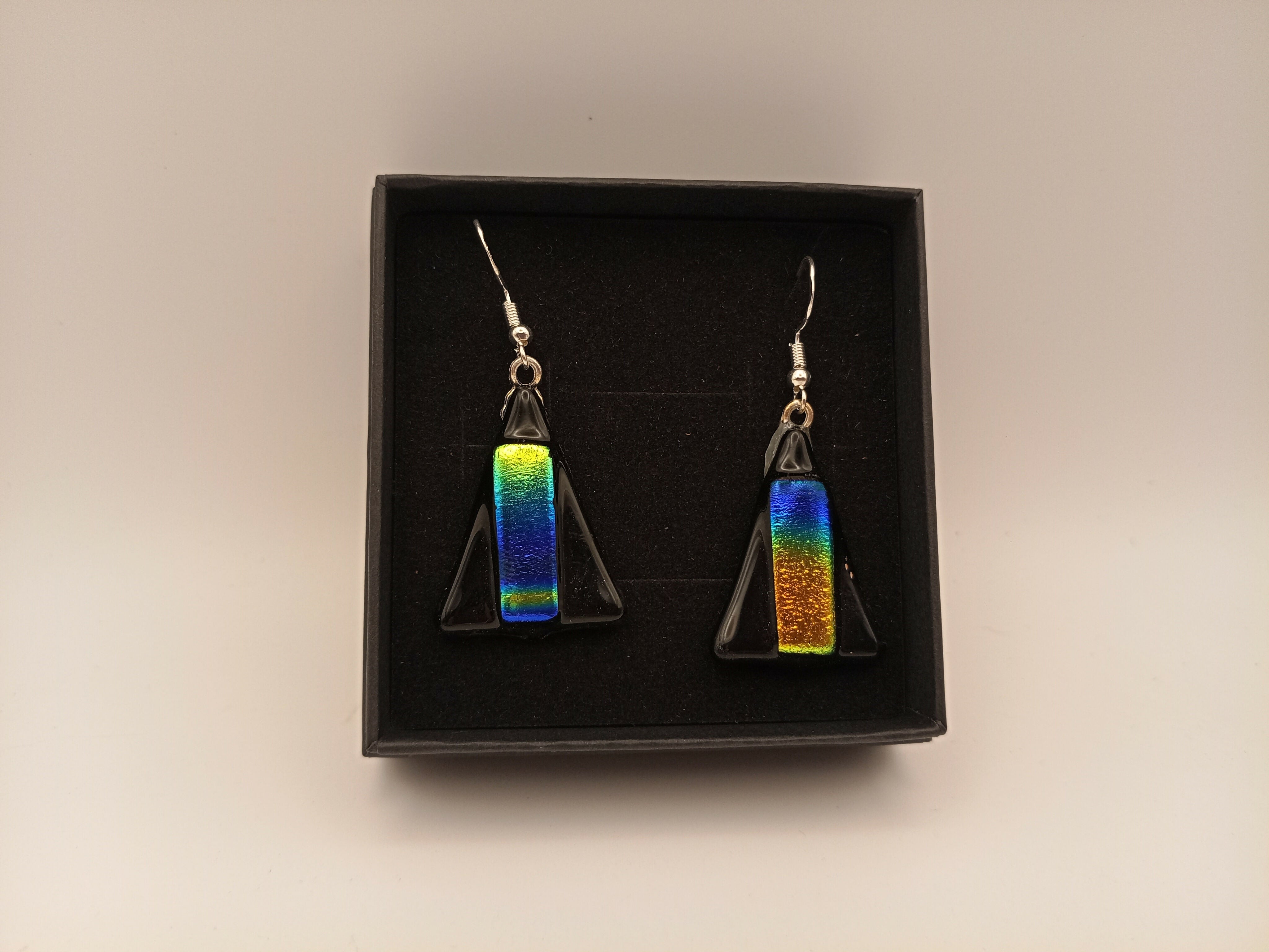 Black Triangle Earrings with Rainbow Dichroic Strip