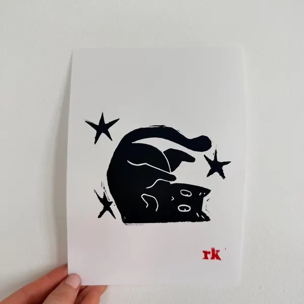 Lino Printed Artwork - Tiny Cat Big Fall