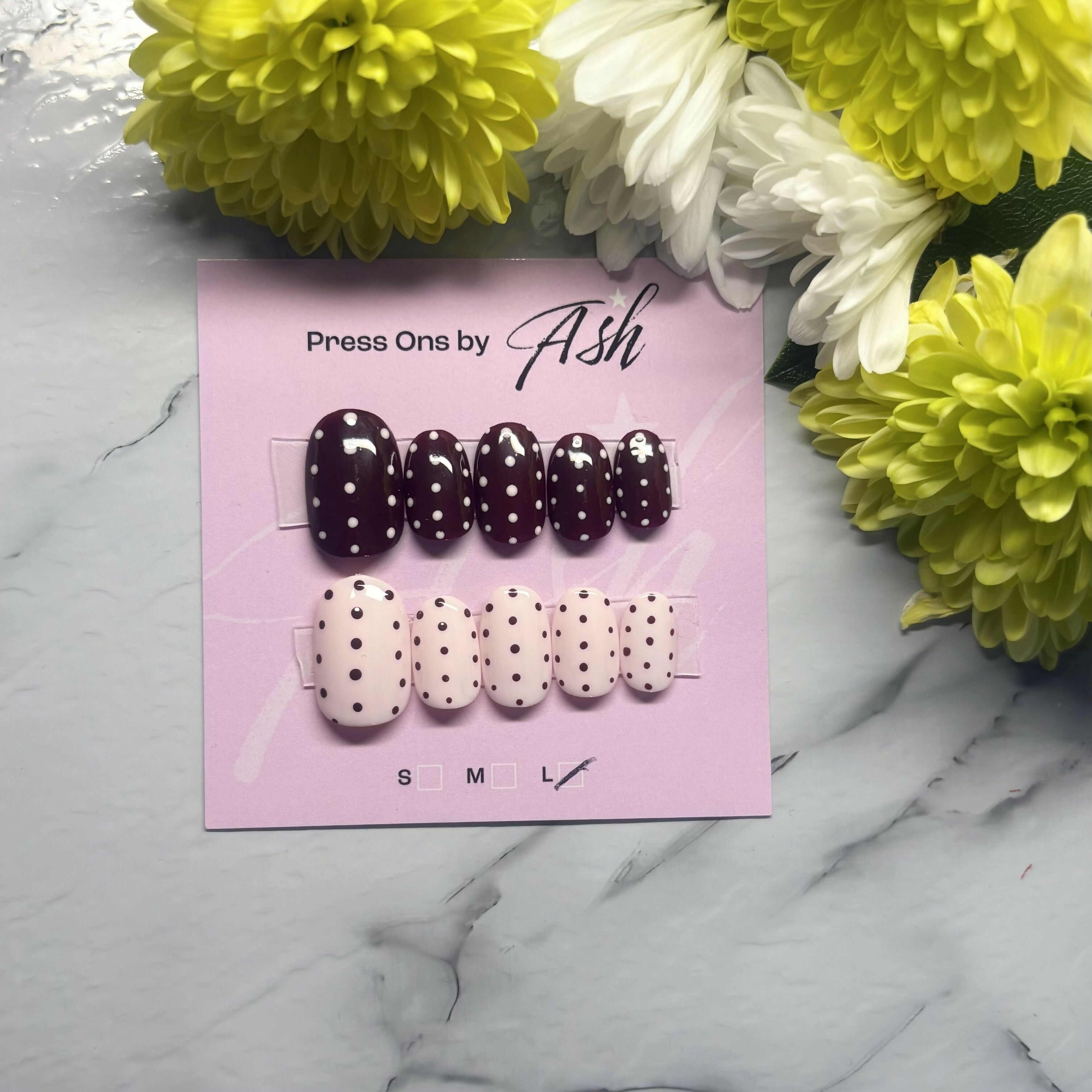 Reusable Pink and Brown Dotty Handmade Press On Nails