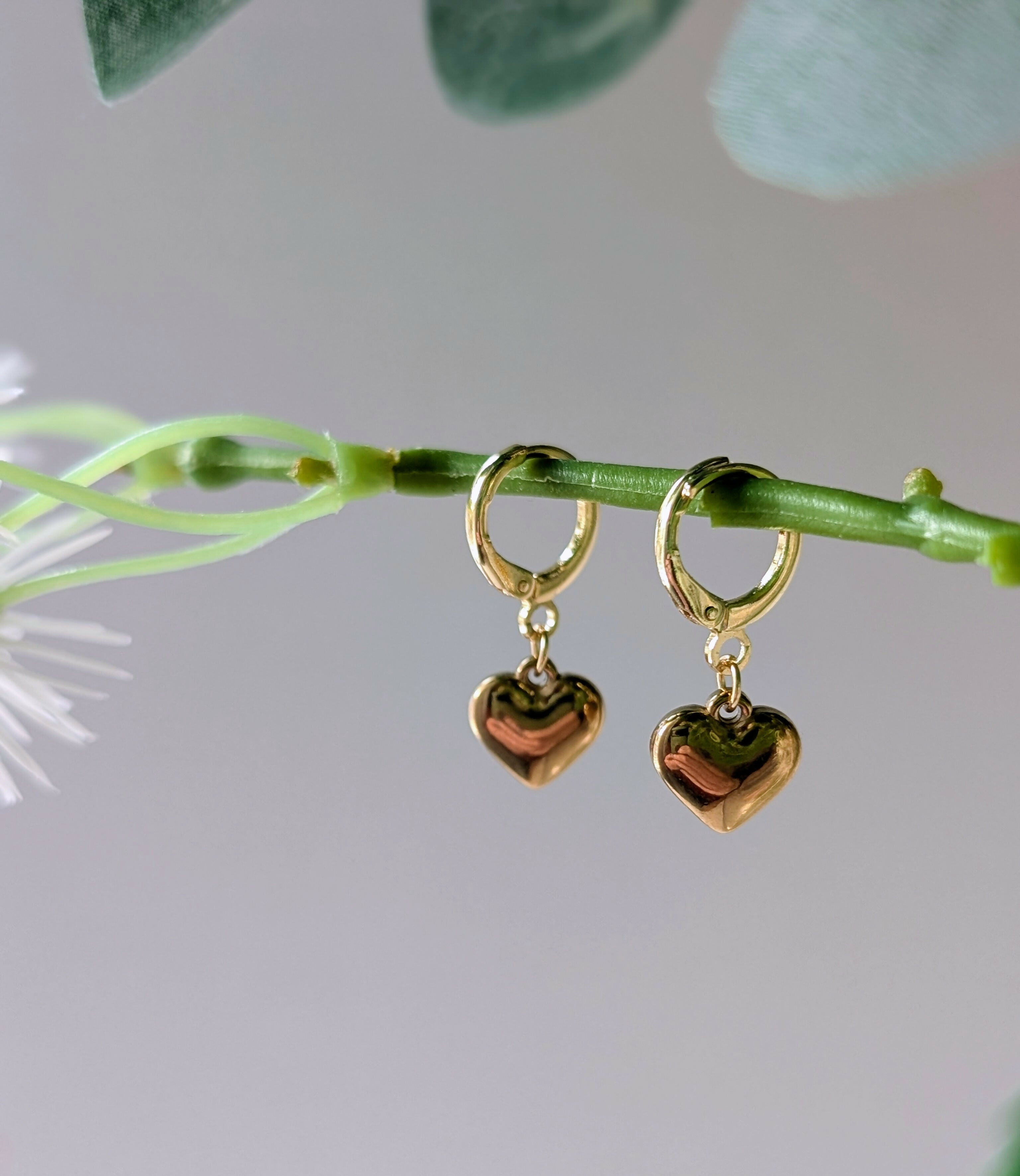 Chunky Gold 3D Heart Charm Huggie Earrings