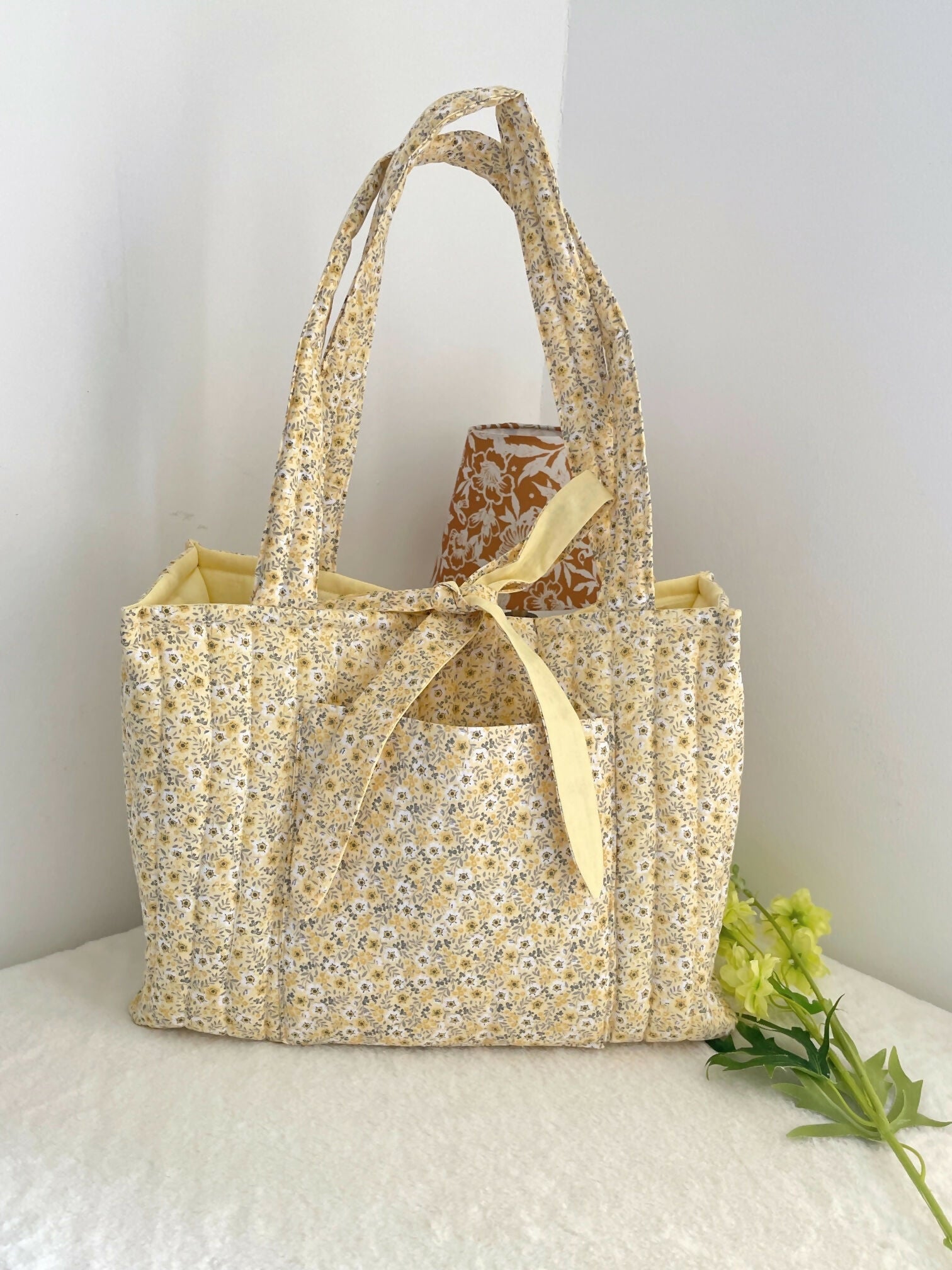 Quilted Tote Bag Yellow Ditsy with ribbon Closure Handmade