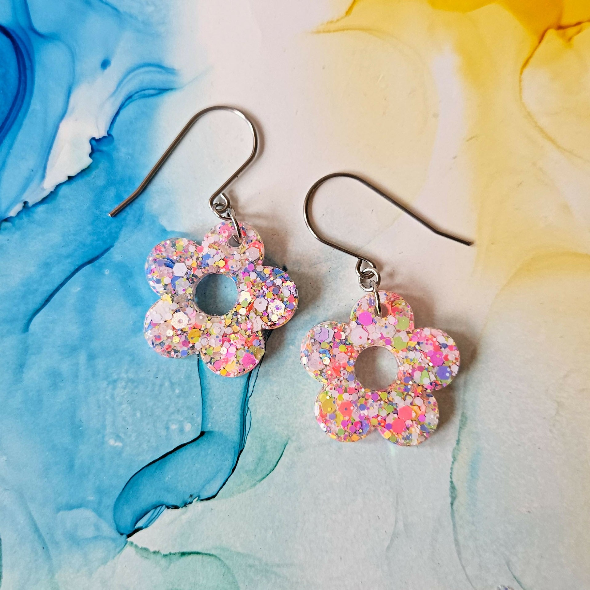 Handmade Resin Glitter Flower Drop Earrings
