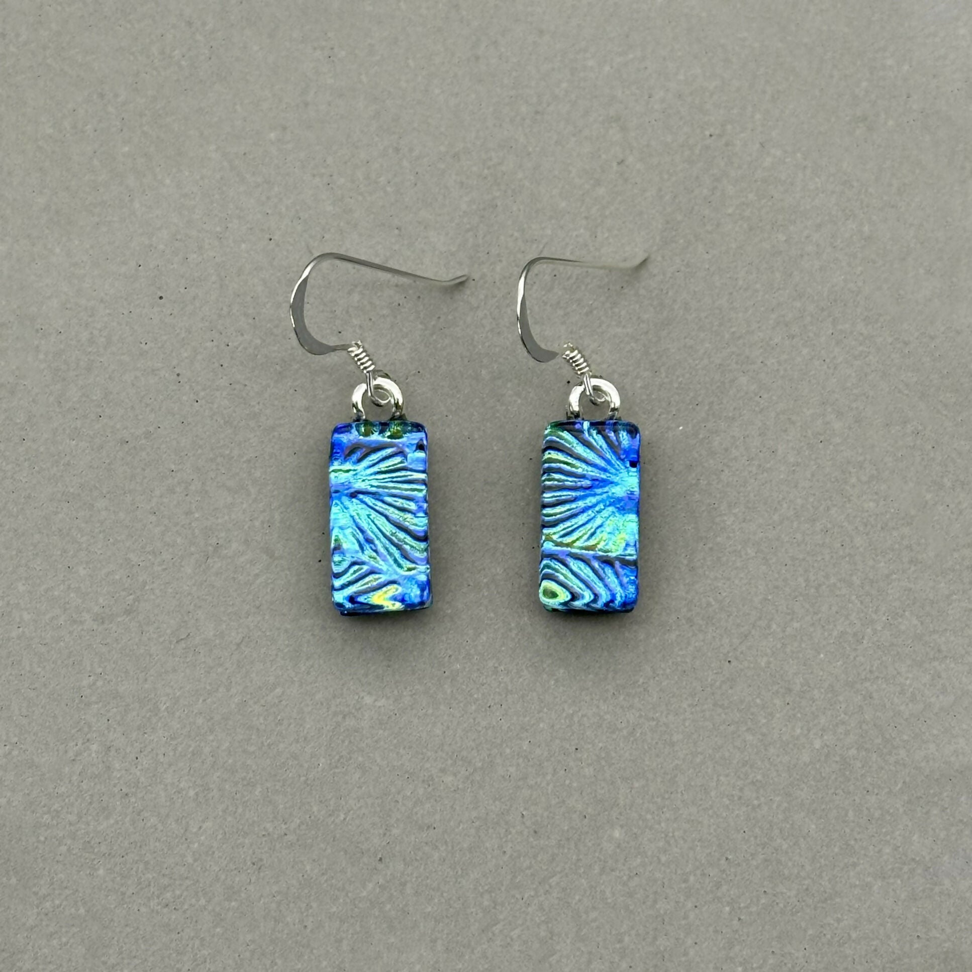 Blue & Green Flower Dichroic Glass Necklace and Earrings Set - Sterling Silver, Handmade by Jade Tapson Glass.