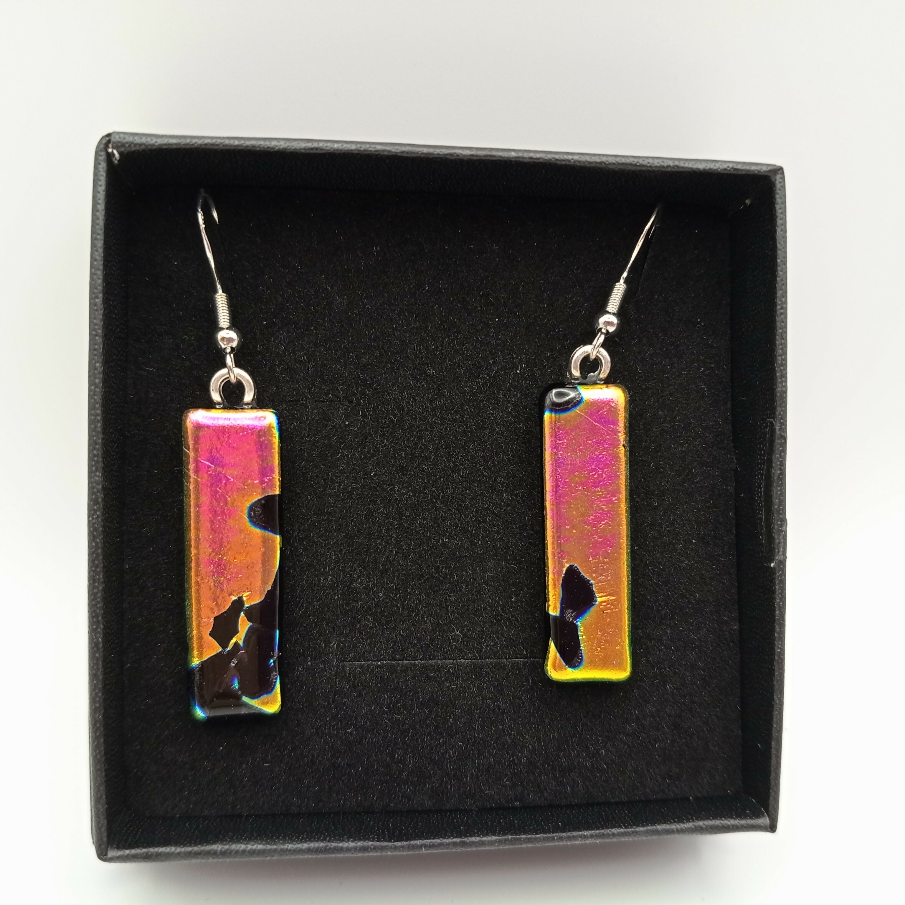 Orange, Pink and Gold Dichroic Earrings with Black Pattern
