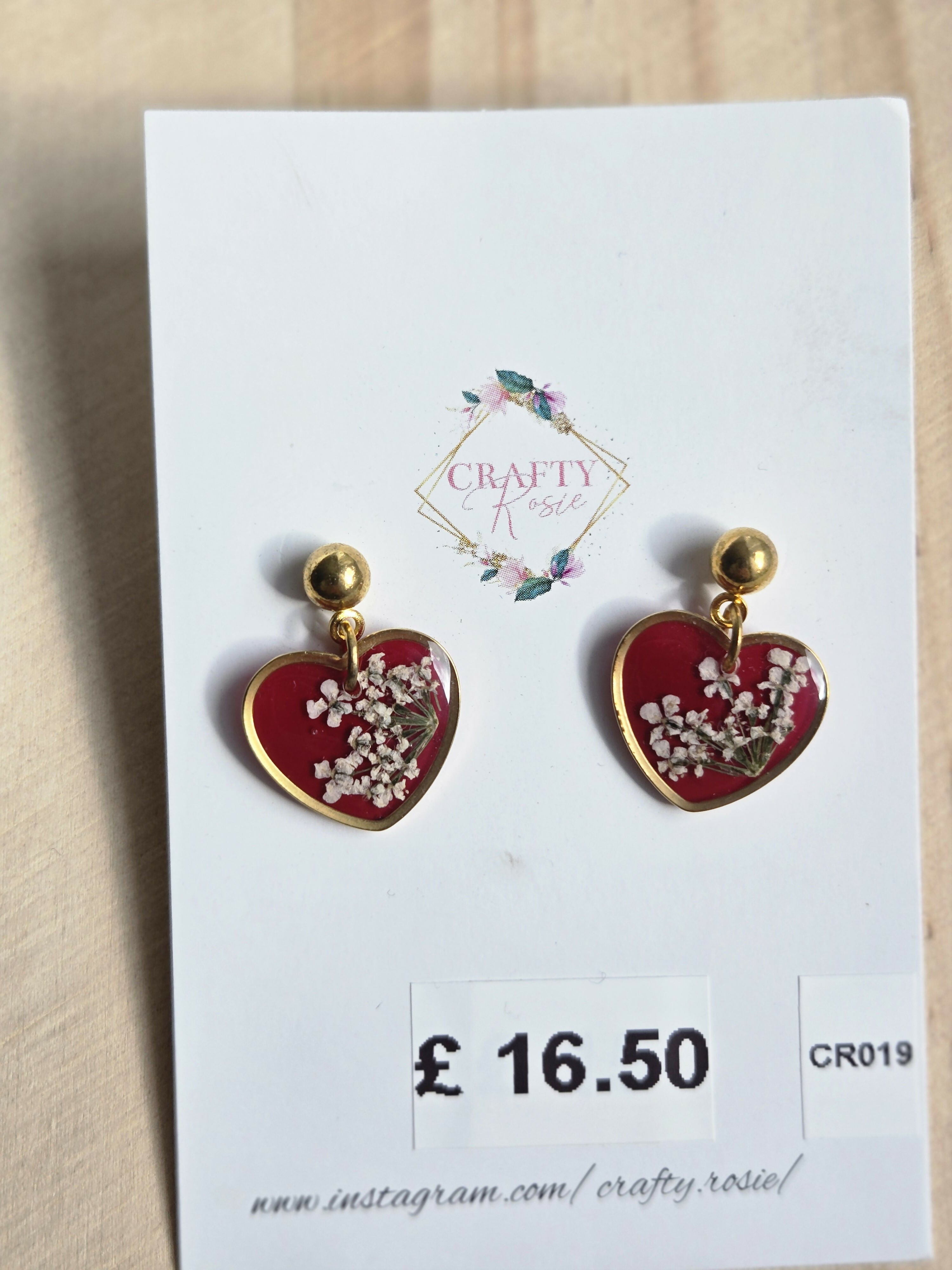 Stainless Steel Real Queen Anne's Lace Flowers Heart Dangle Earrings