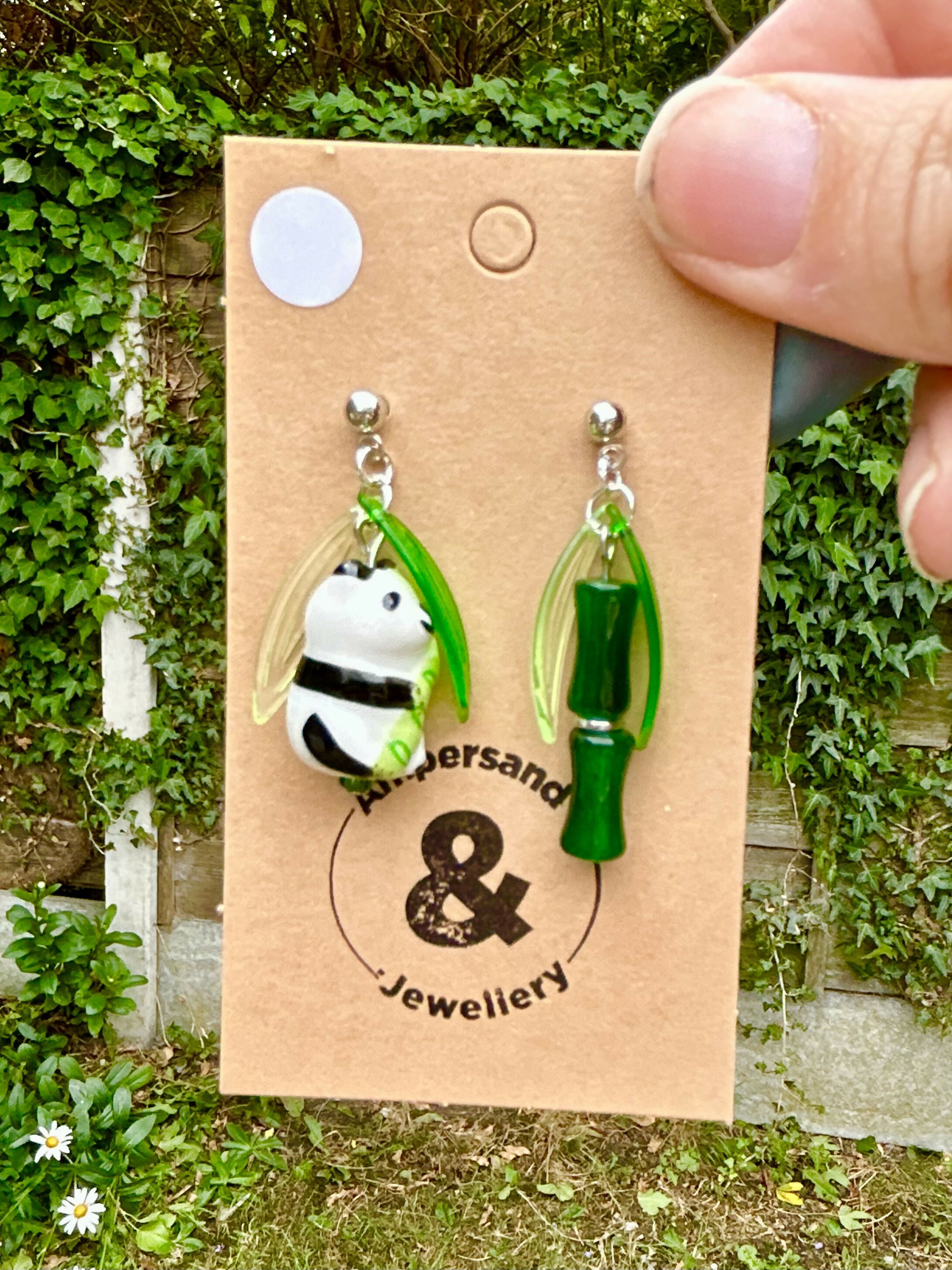 Panda eating bamboo - mismatch pair drop earrings