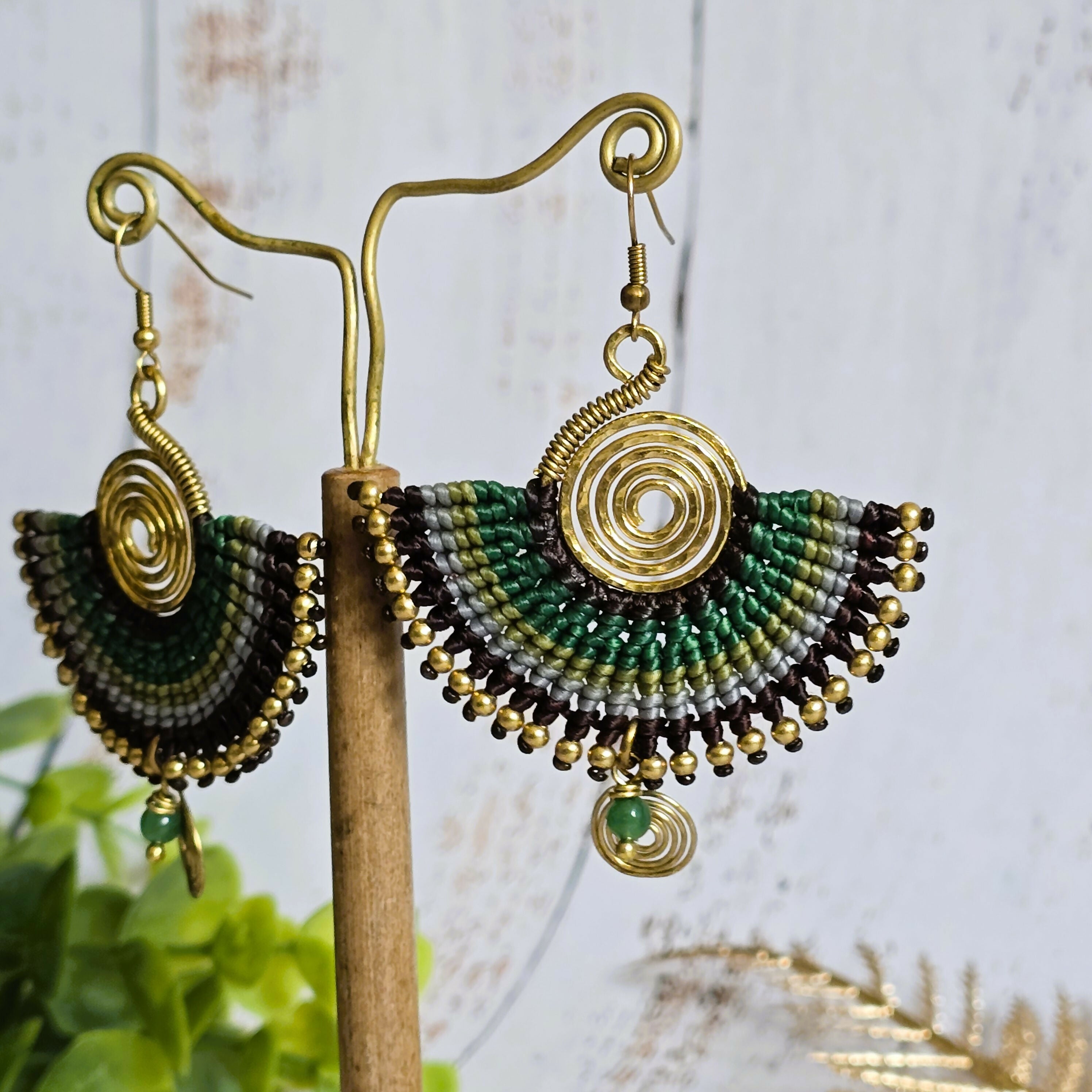 Green Jade Macramé Earrings; Boho Crystal Earrings with Gold Spiral Wire Art