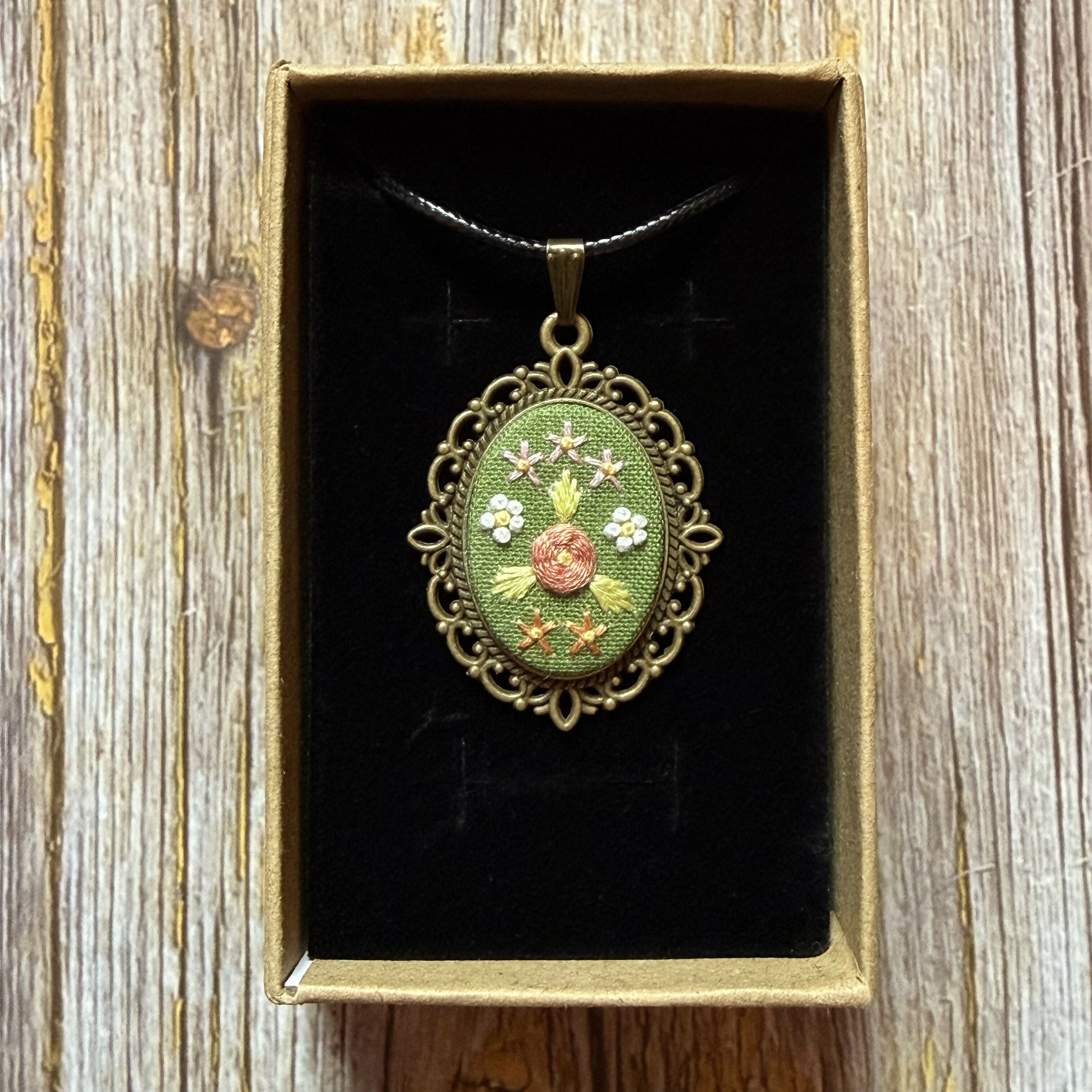 Green Floral Hand Embroidered Necklace