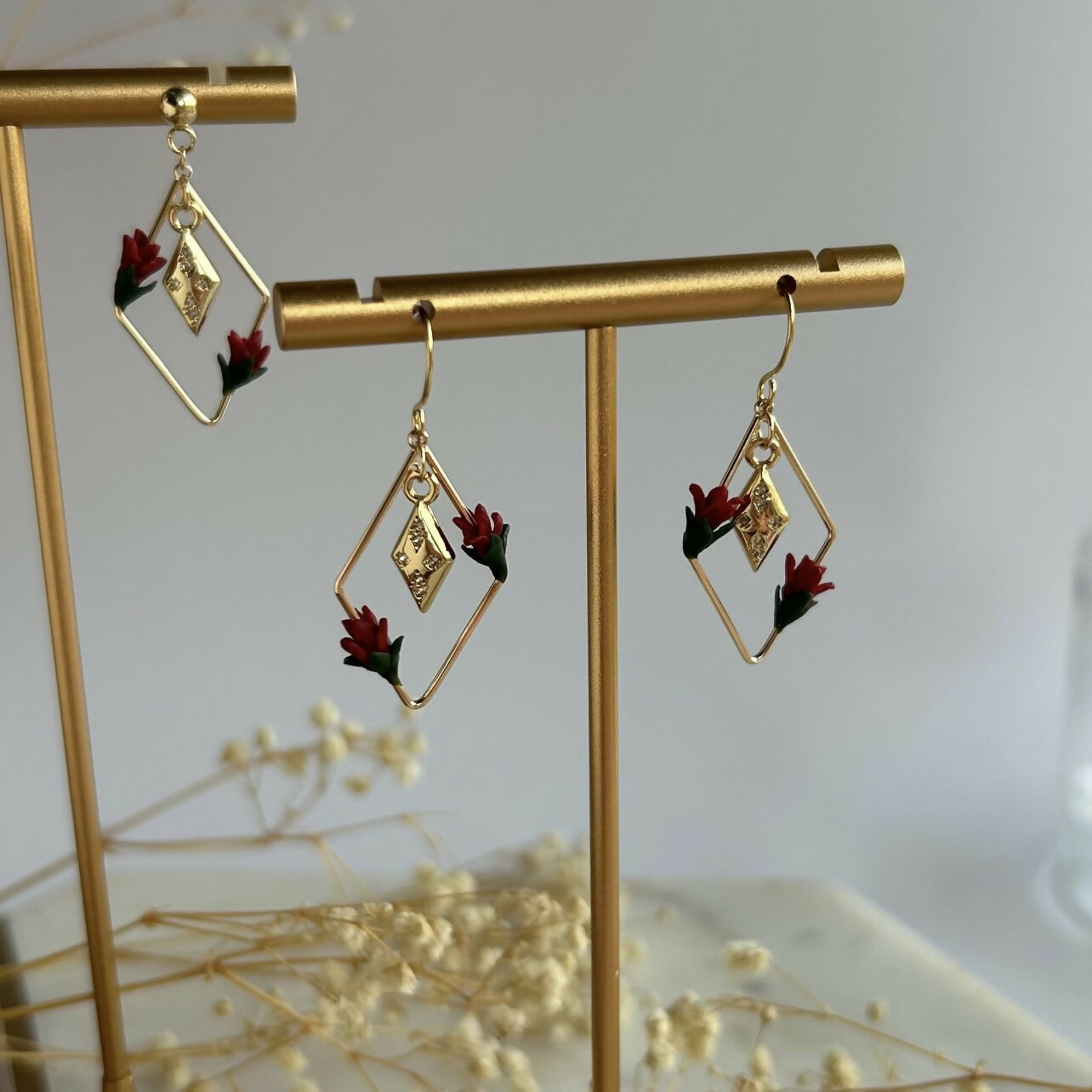 Red Flower Gold Plated Earrings