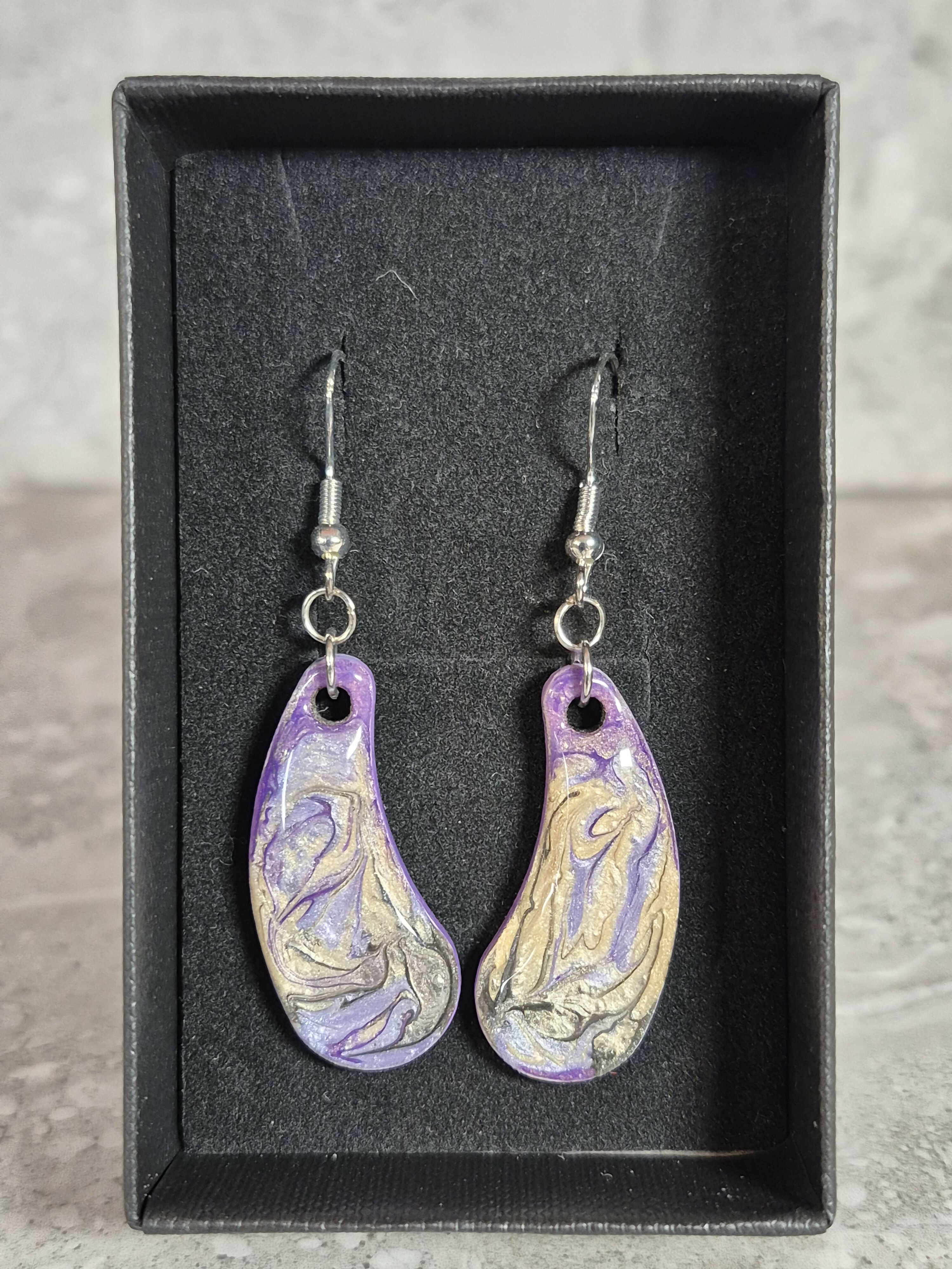 Handcrafted Teardrop Shaped Purple, Lilac, Cream And Black Earrings