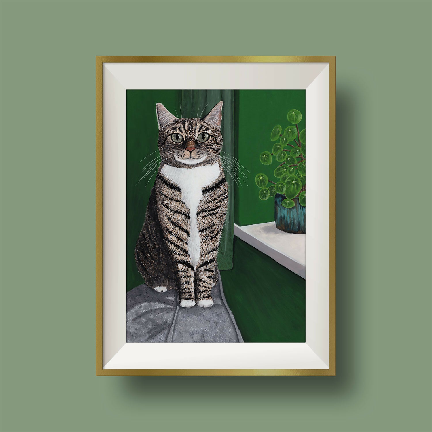 Tabby Cat Green Art Print A4