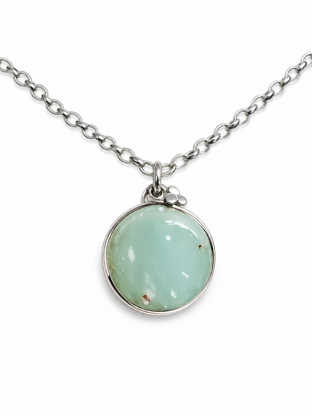 Monstera Chrysoprase Pendant-large round shape.