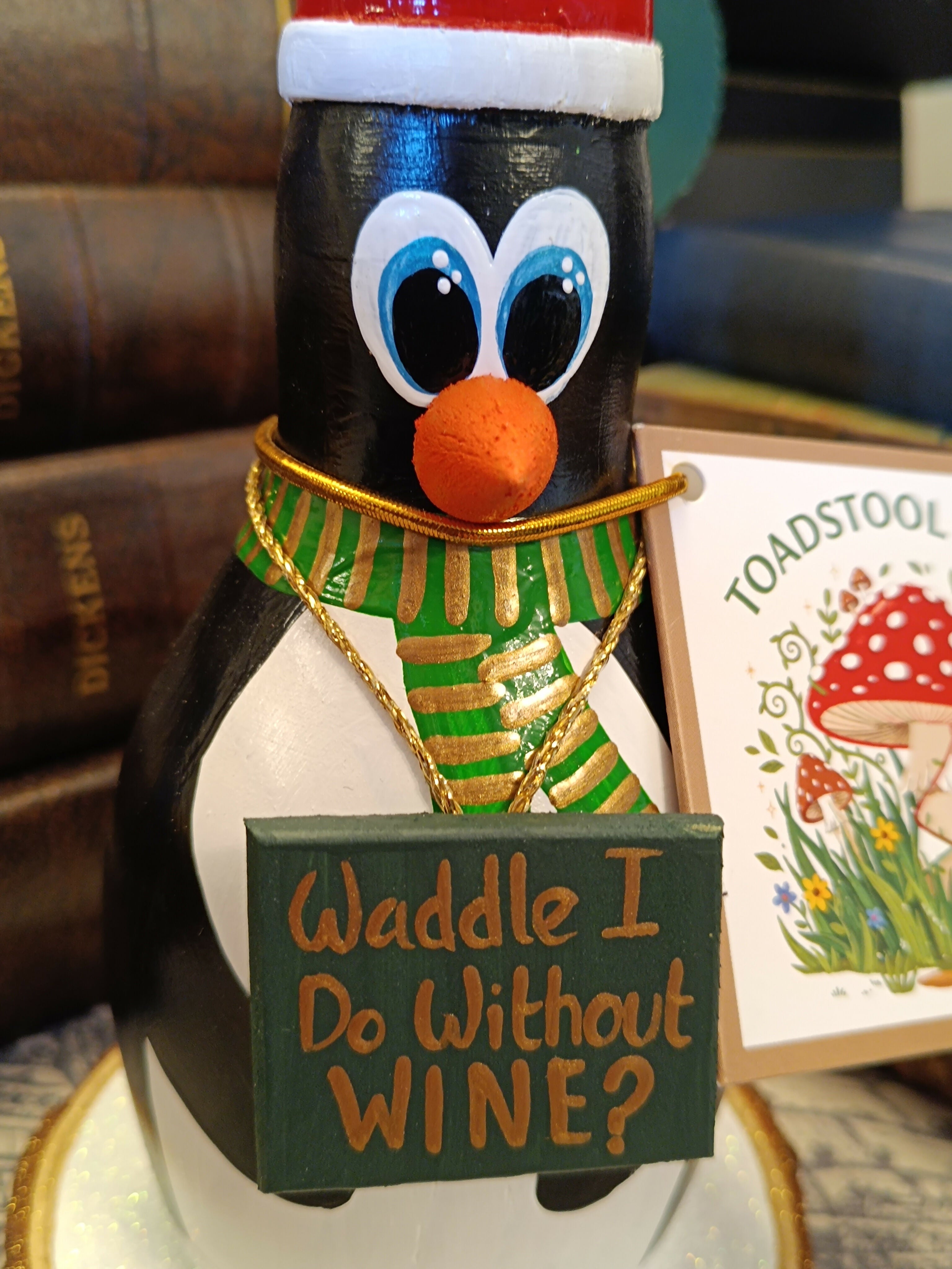 Handmade Wooden Holiday Penguin Figurine - "Waddle I Do Without Wine?"