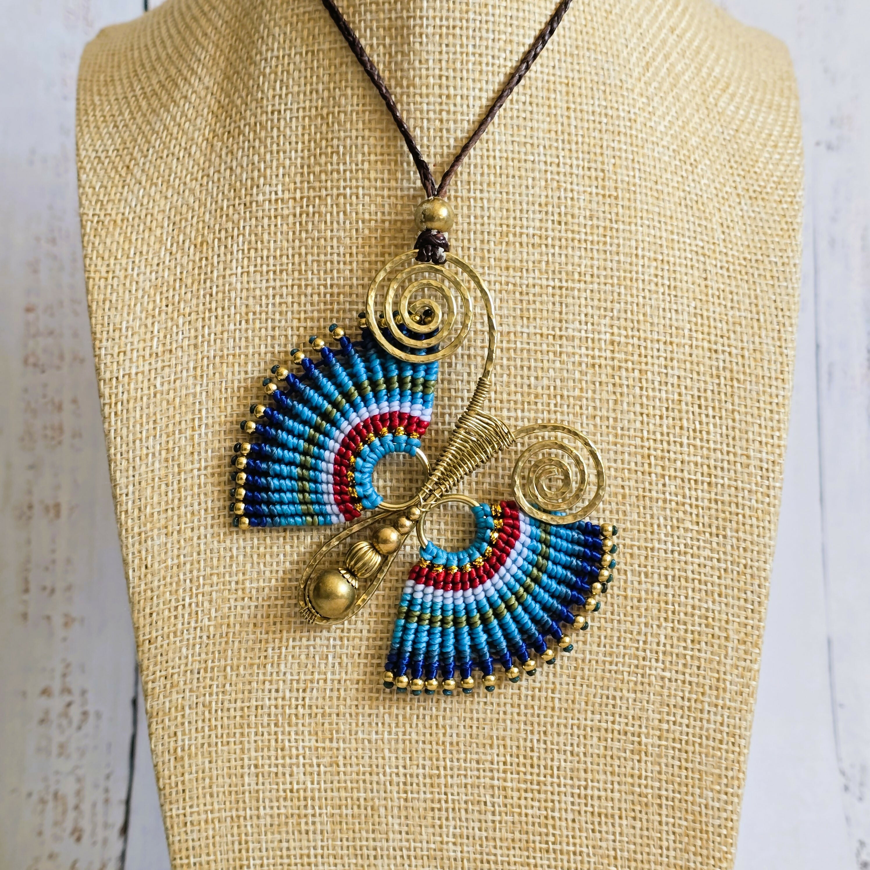 Blue Butterfly Necklace; Handcrafted Macramé & Gold Wire Art Statement Pendant