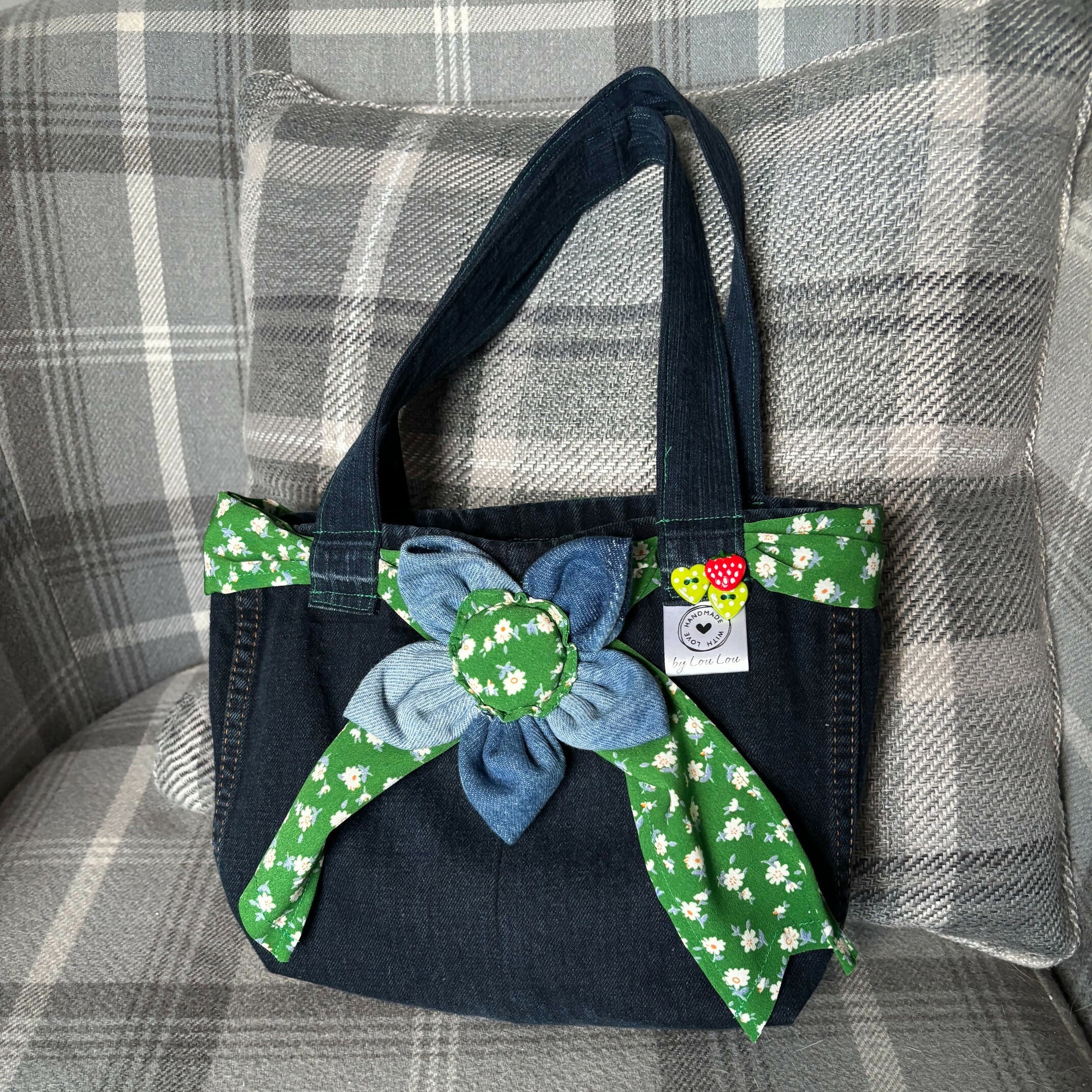 Unique Handcrafted Cute Denim Tote Bag Handbag Made From Upcycled Jeans With Flower Decoration