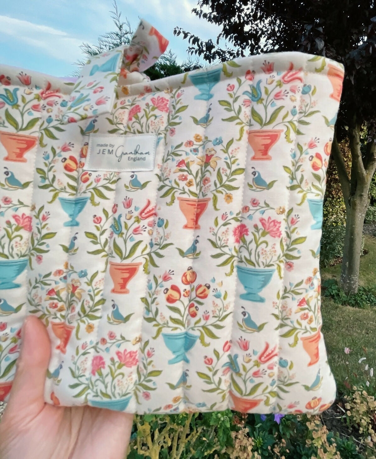 Handmade Quilted Book Sleeve Cream Flower Pot Print