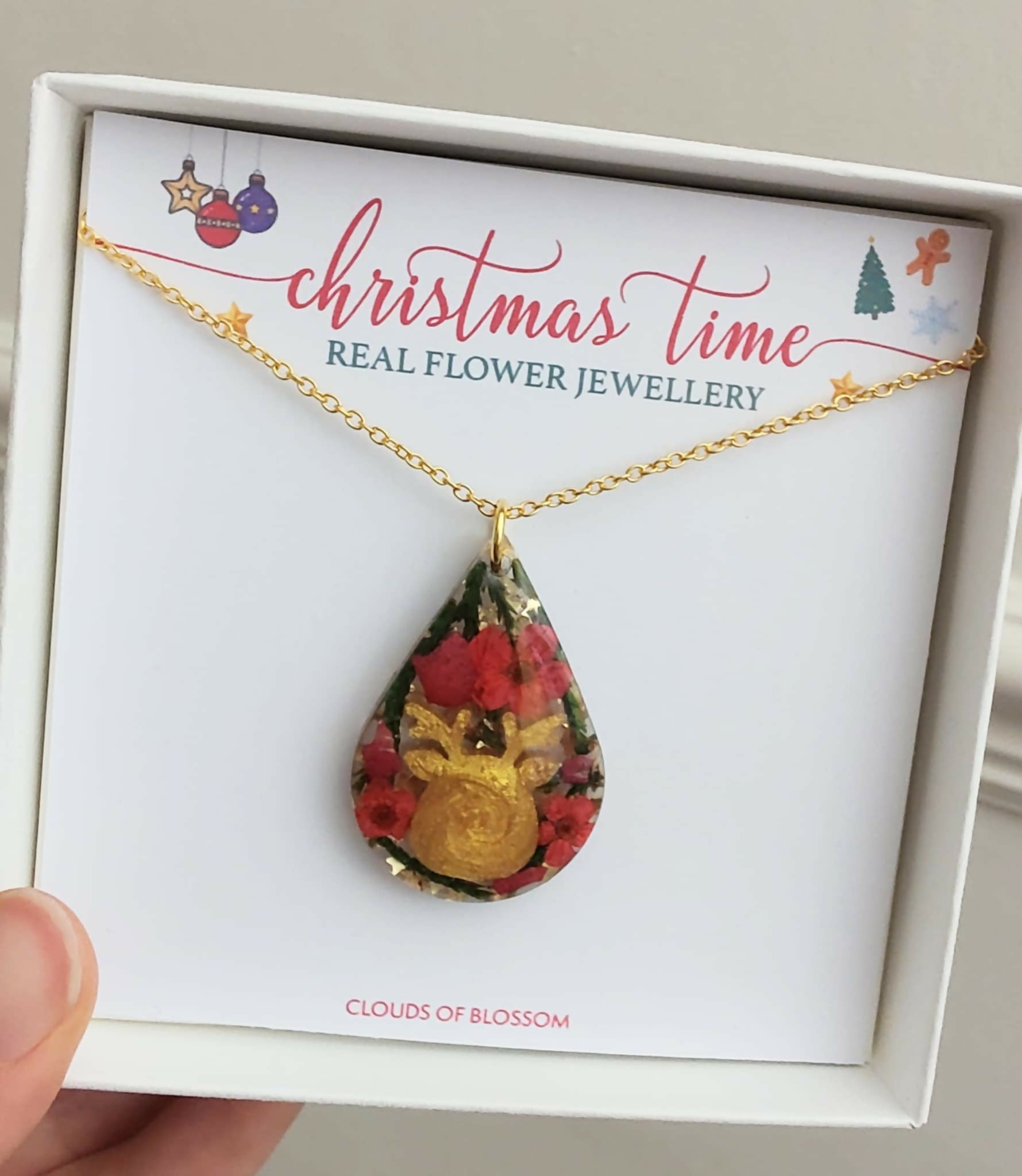 Christmas Real Flower Reindeer Necklace Gold Plated