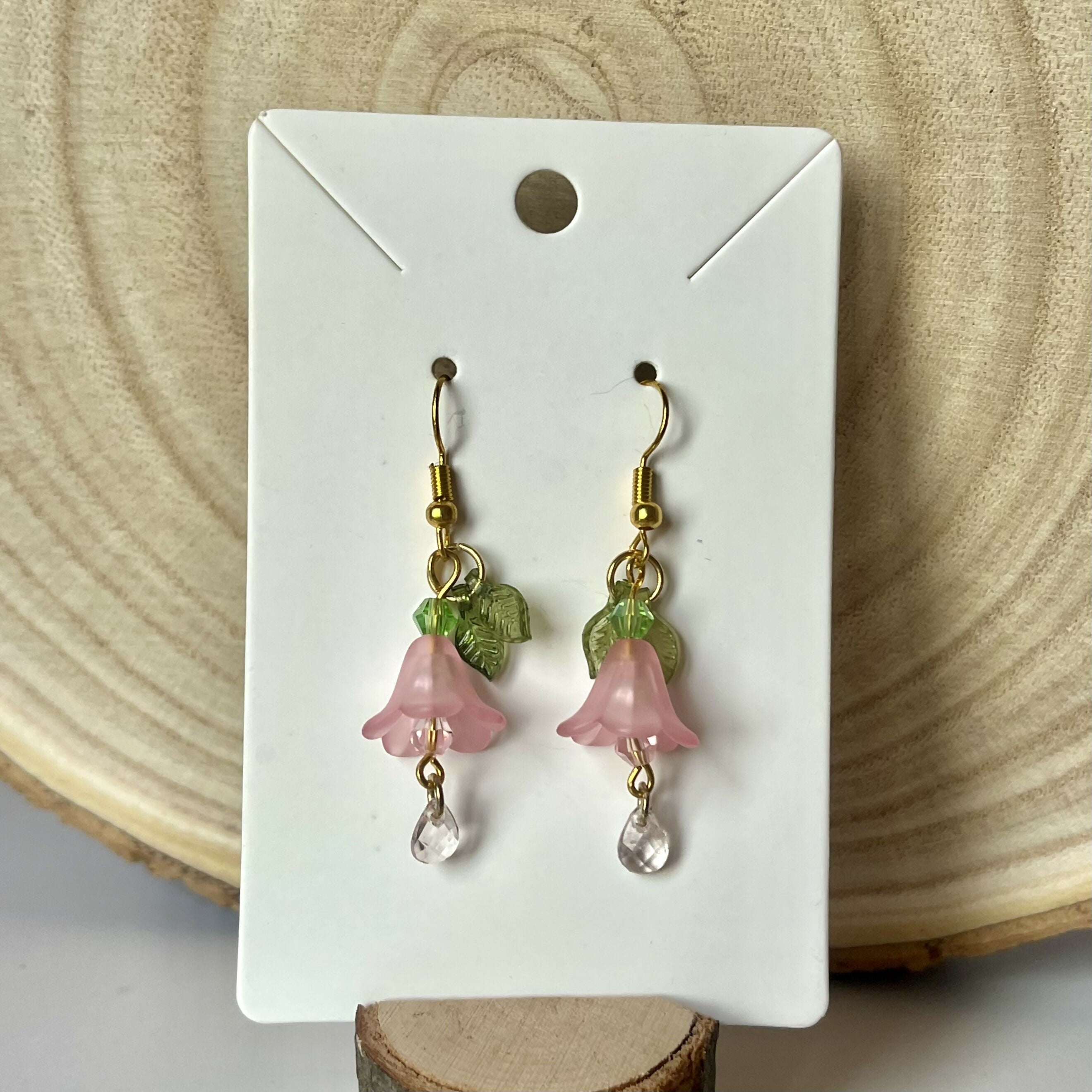 Hanging Pink Flower Earrings With Crystal Teardrop In Gold