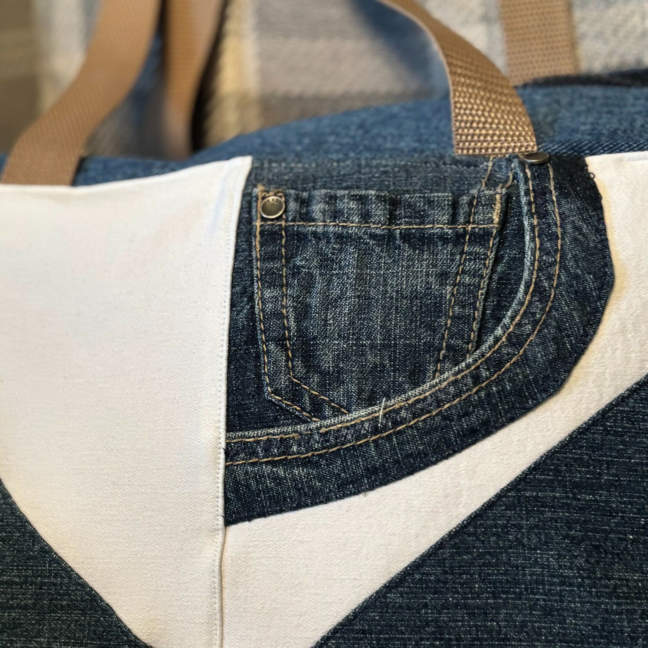 Unique Handcrafted Denim Tote Bag Handbag Made From Upcycled Blue And White Jeans