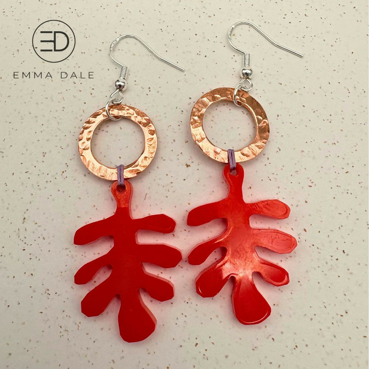 Red Organic Acrylic & Hand-Hammered Copper Earrings