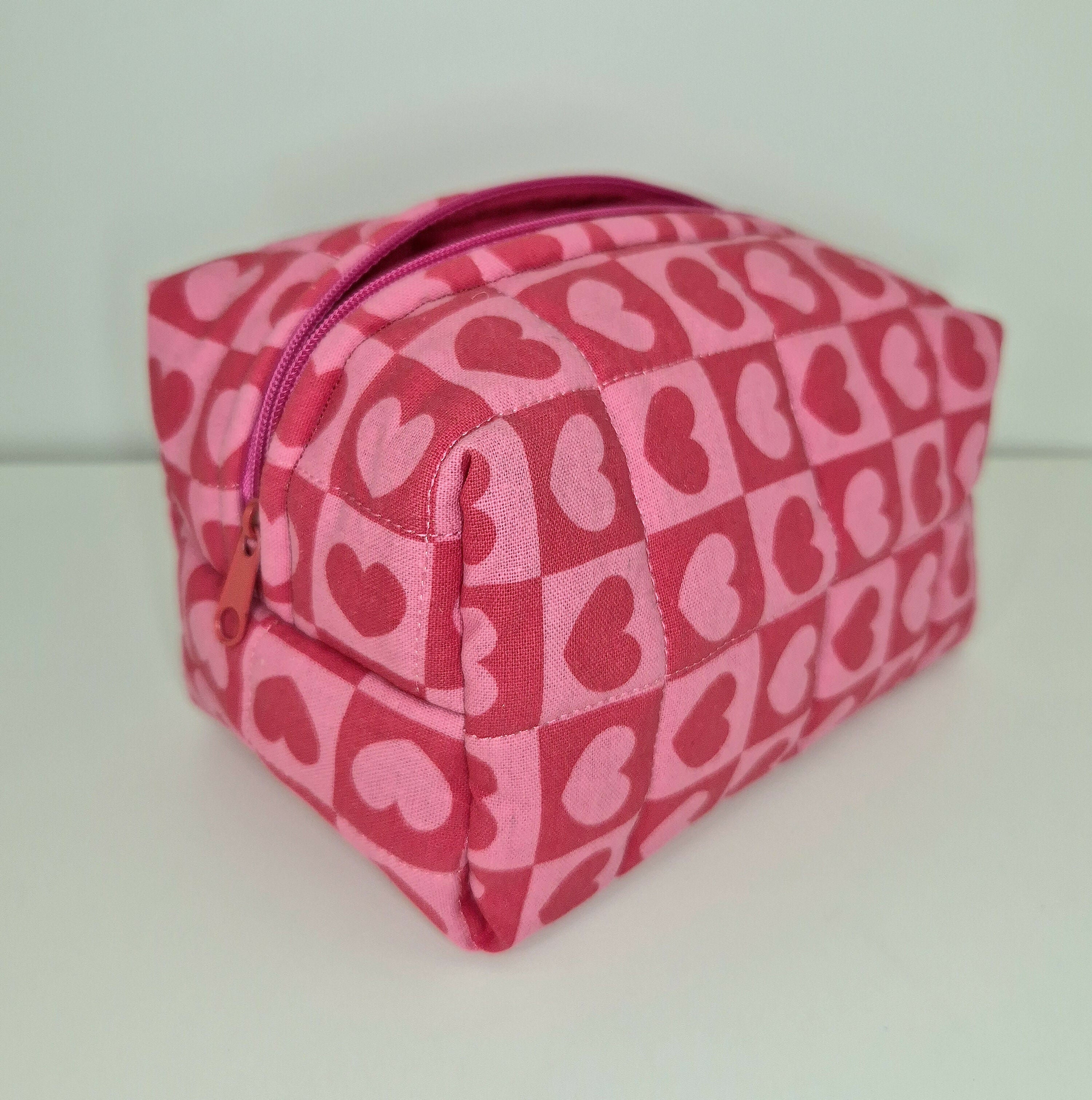Quilted Cosmetic Makeup Bag With Hearts Theme