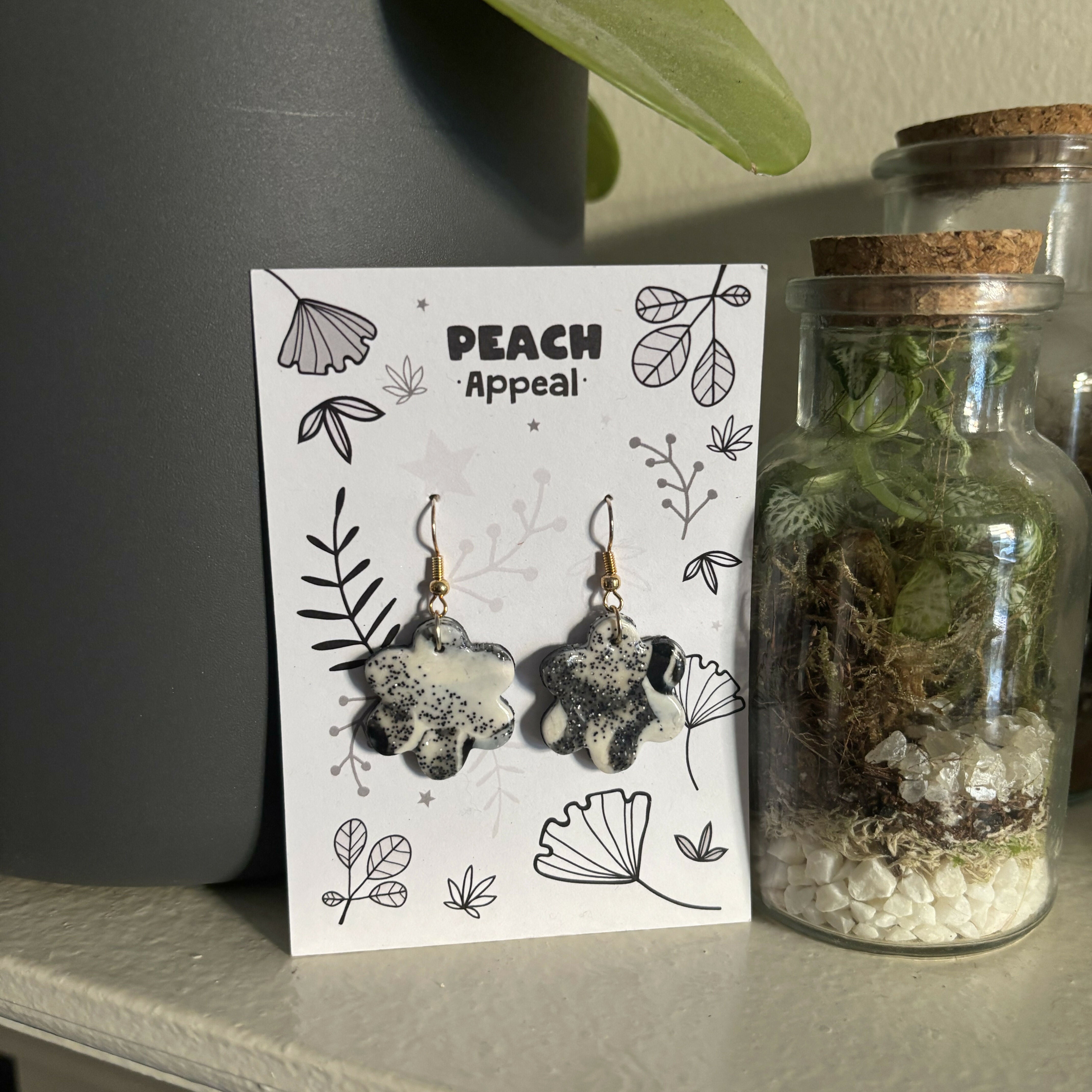 Recycled Polymer Clay Earrings - Black & White Flower Swirl