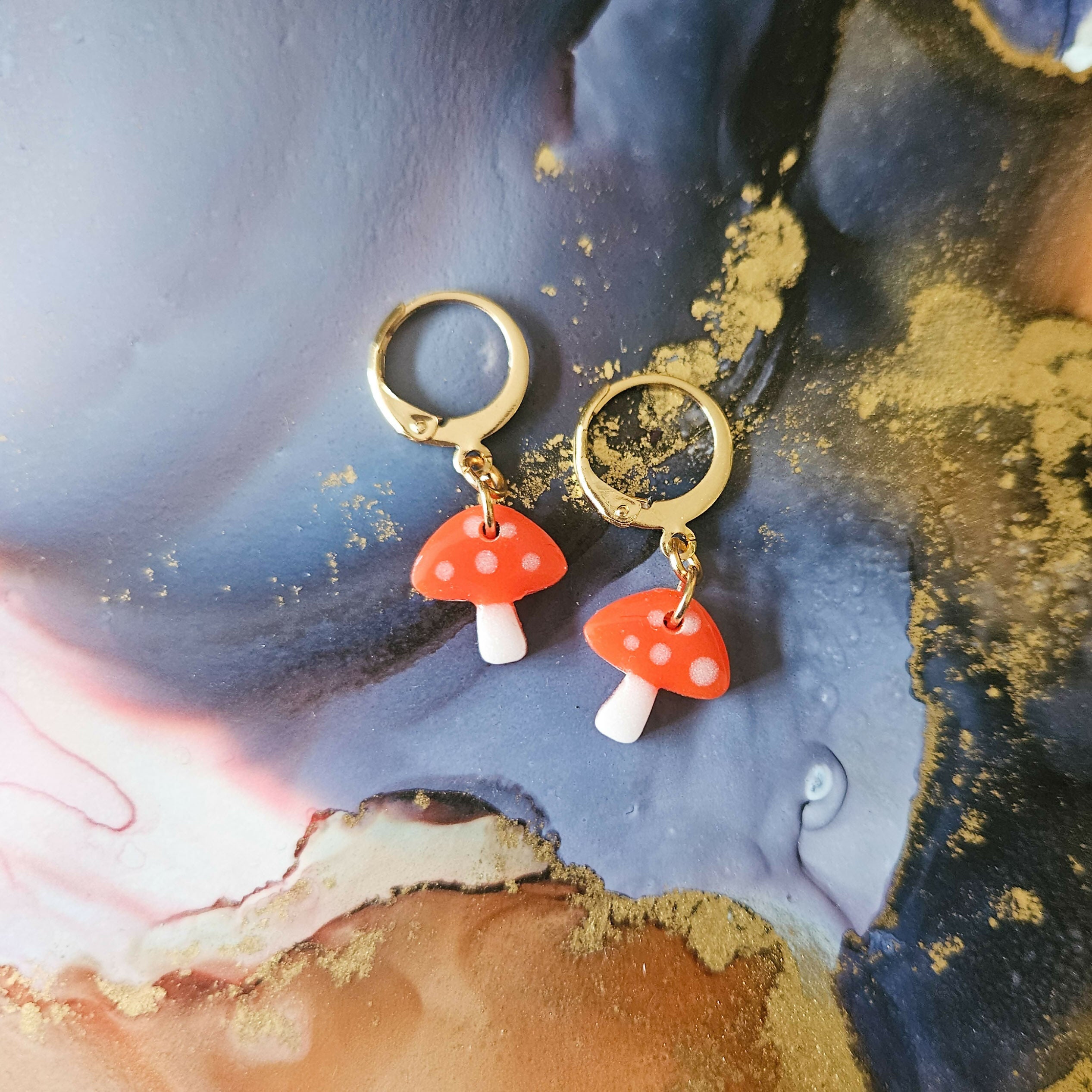 Handmade Orange Toadstool Mushroom Resin Charms On Huggie Hoops