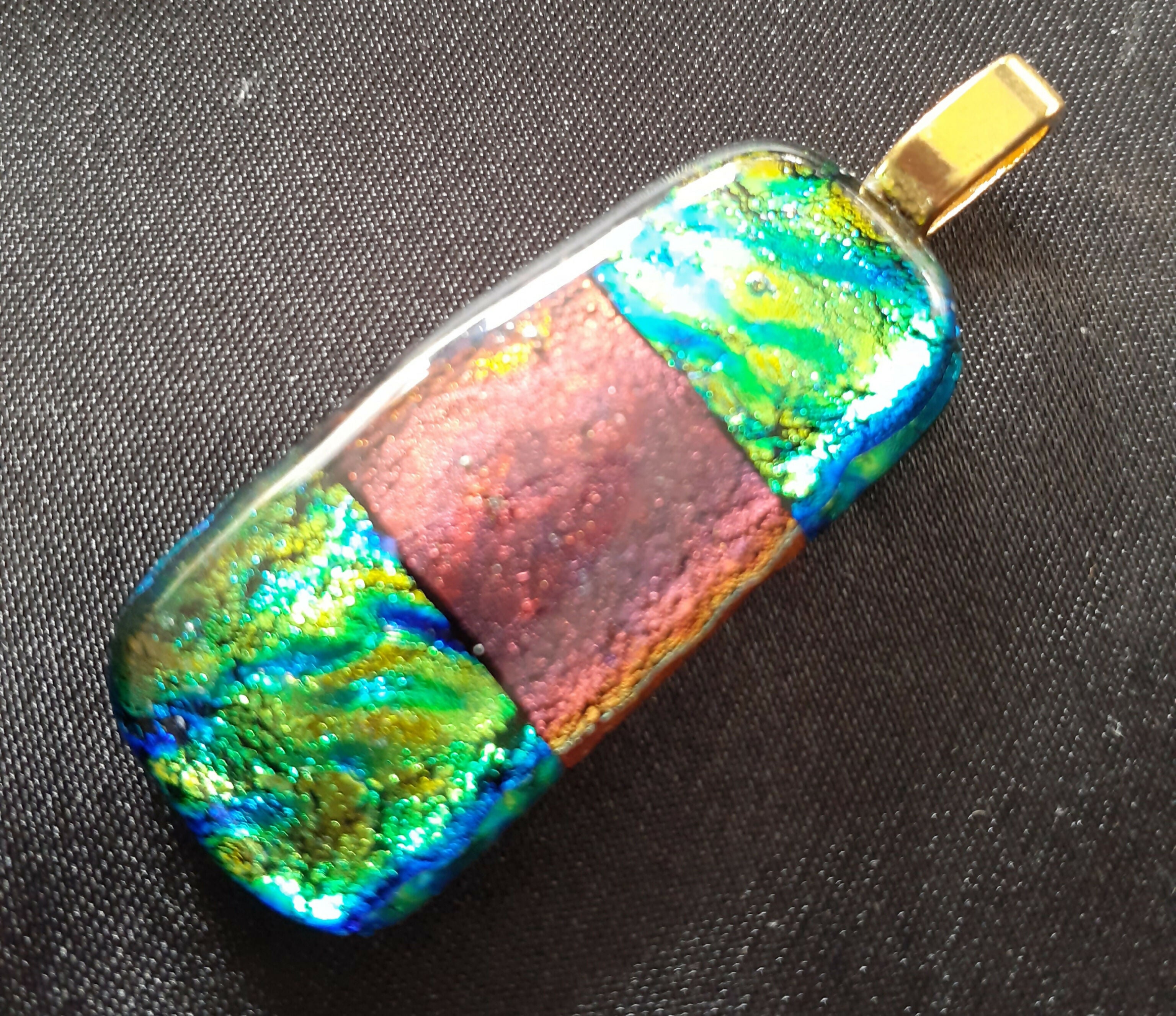 Fused Dichroic Glass Rectangular Pendant With a Gold Coloured Chain Necklace (Green/Gold and Dark Red)