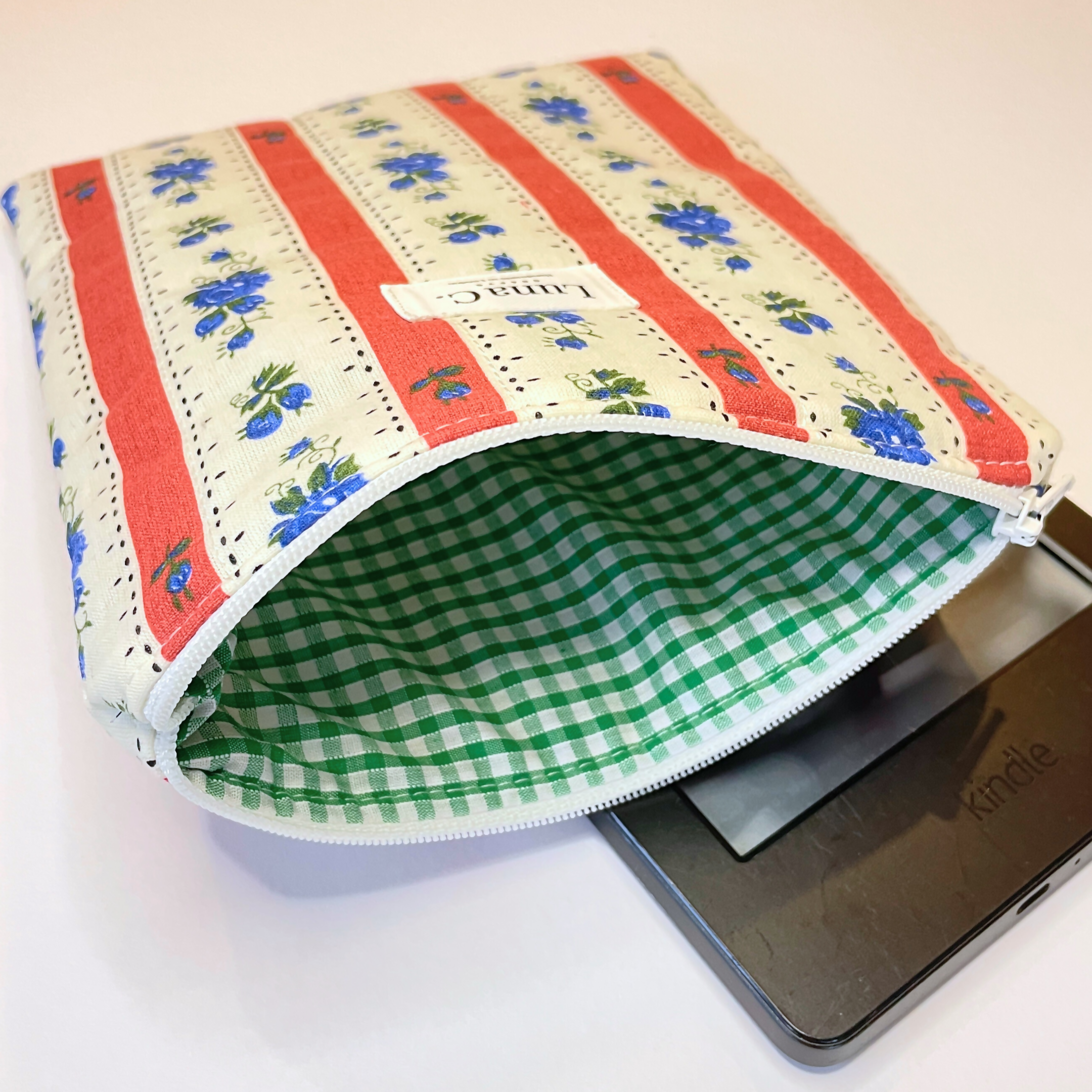 Red and White Striped Blue Floral Green Gingham Lining Book or Kindle Sleeve