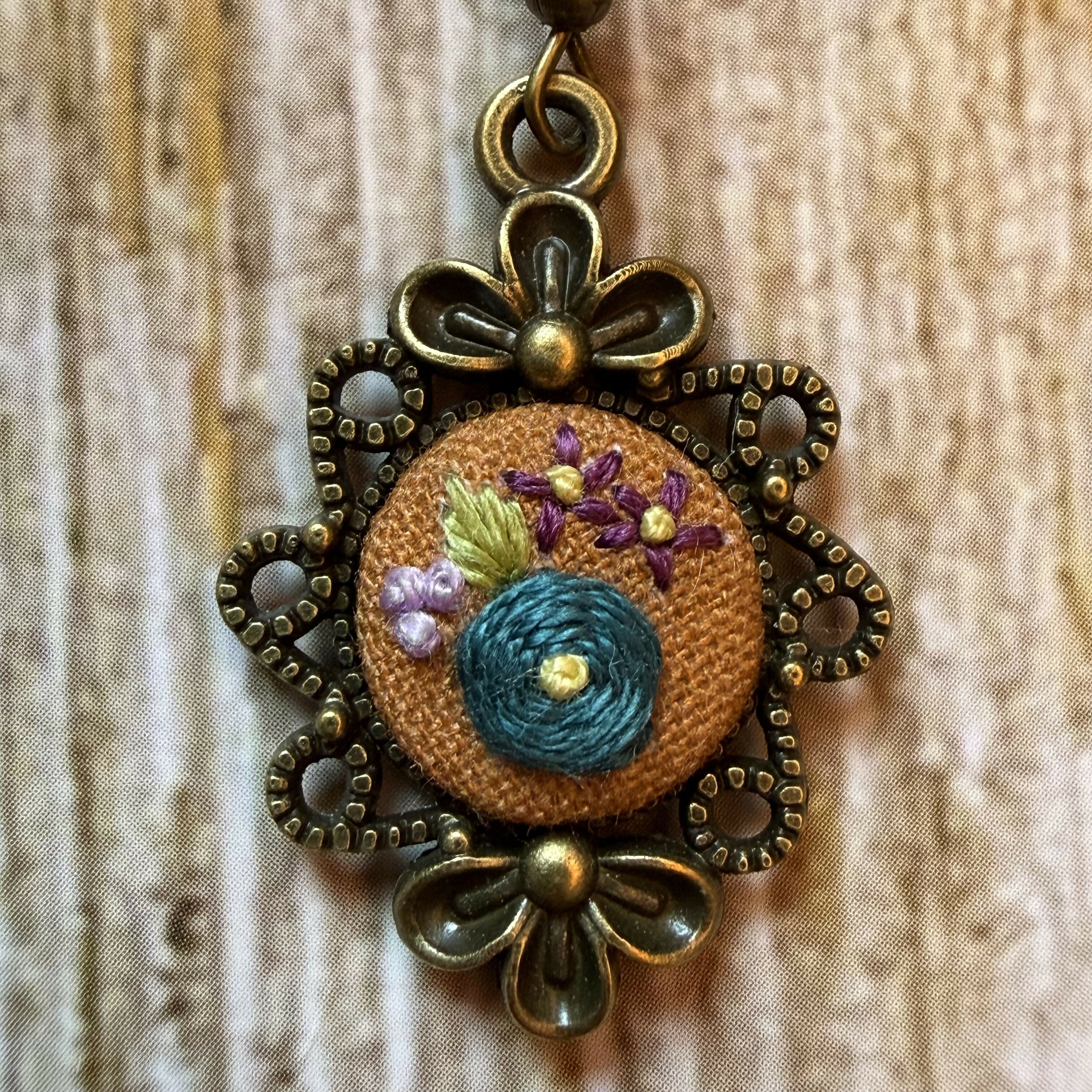 Hand Embroidered Orange Floral Vintage Style Earrings