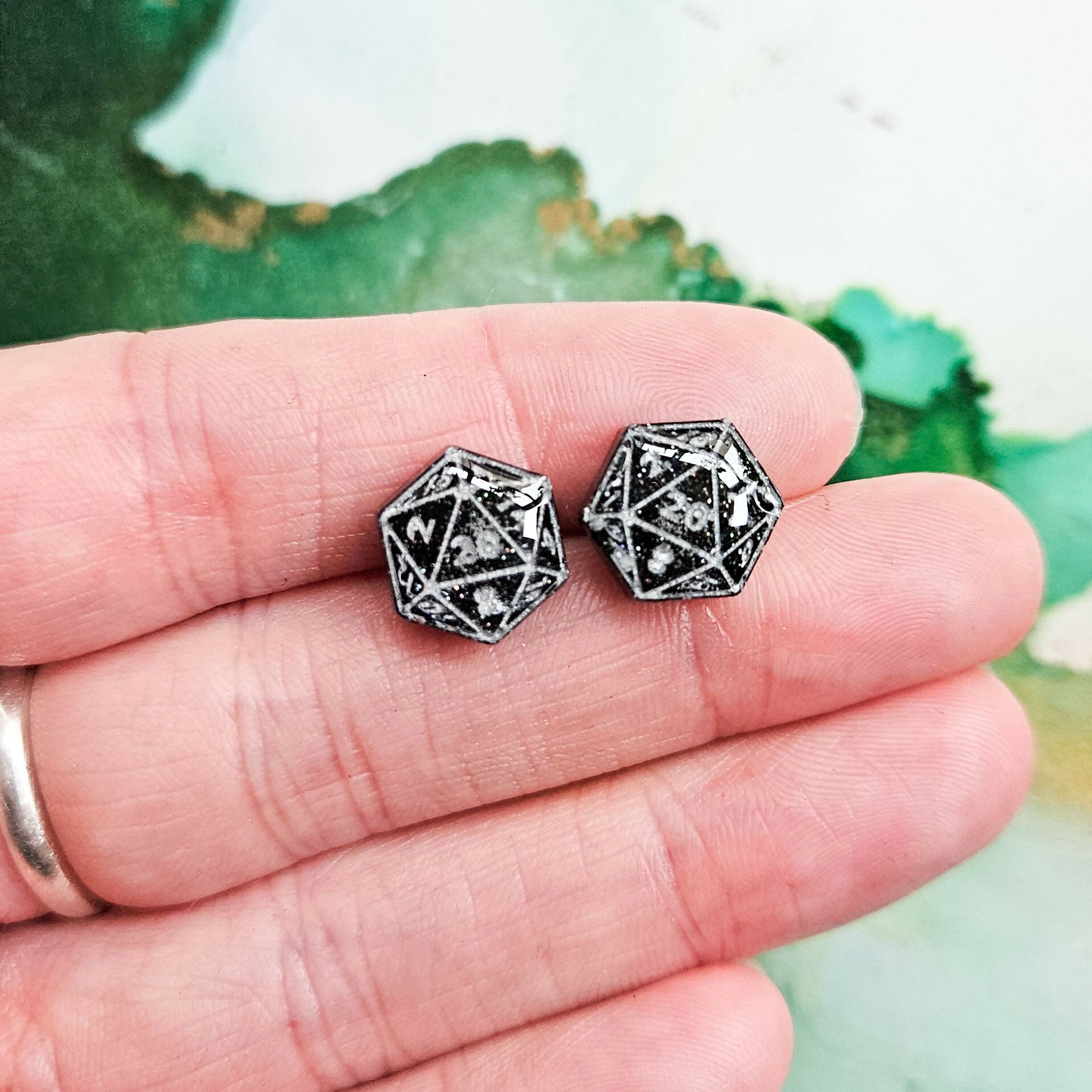 Handmade Black And Glitter D20 Resin Stud Earrings