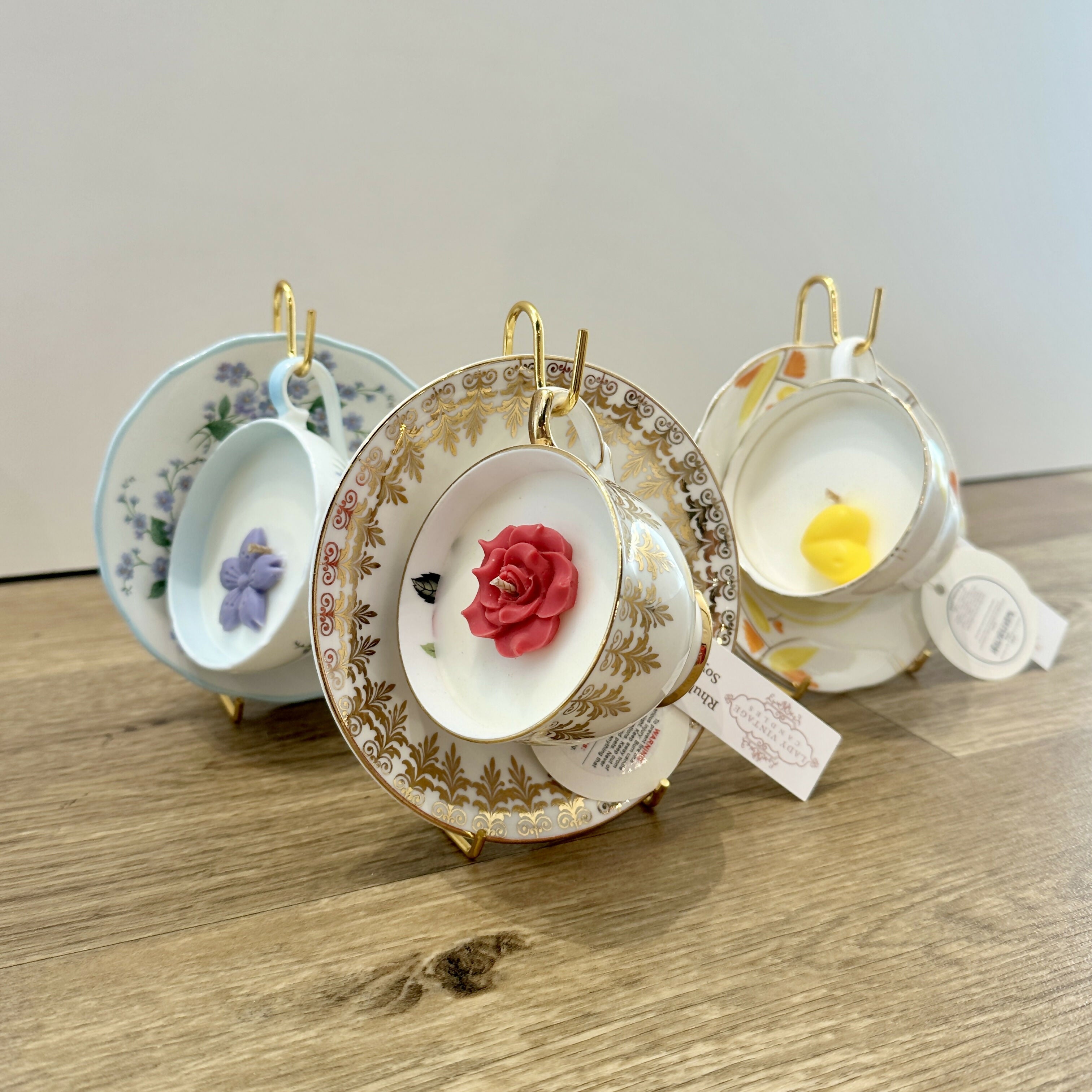 Vintage Teacup Candle - Rhubarb and Custard Scent - Various Designs