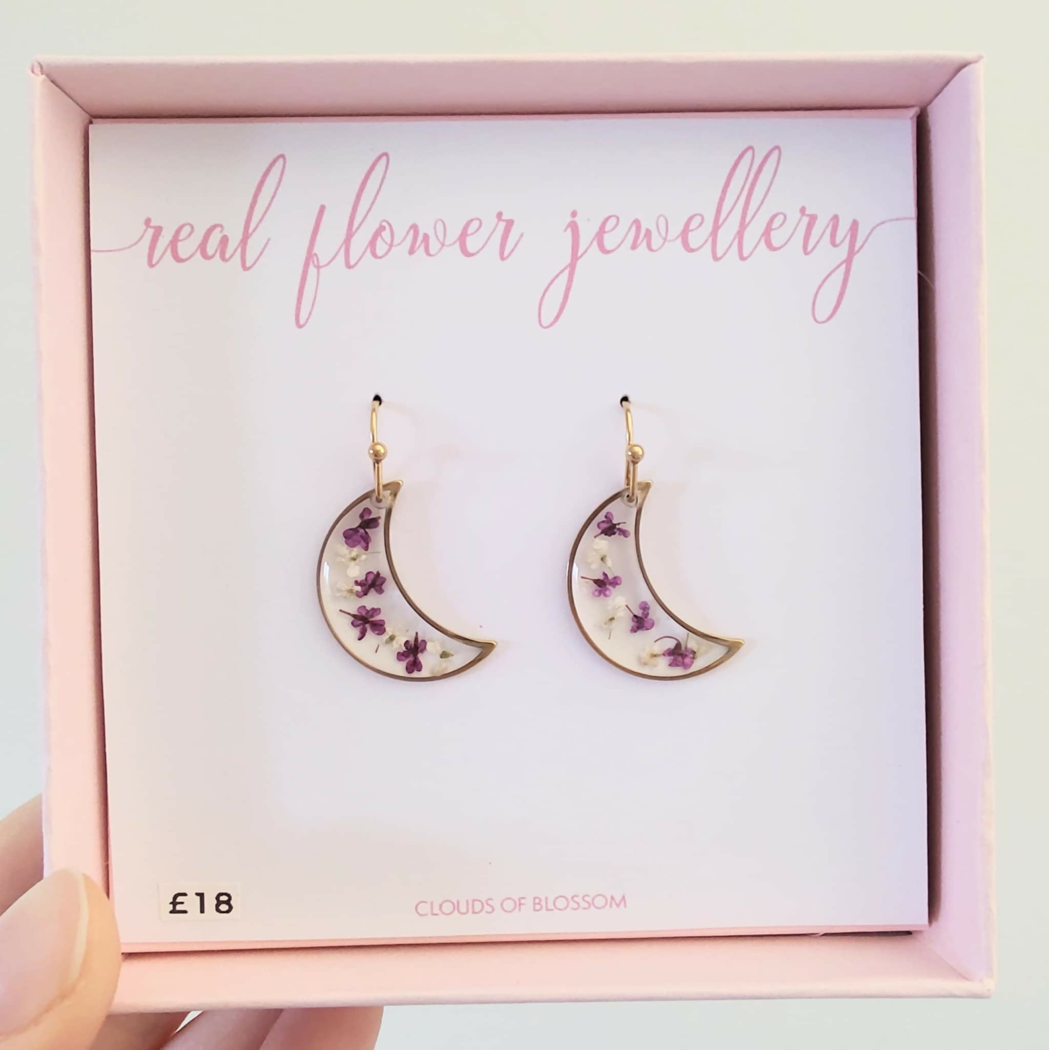 Real Flower Purple and White Crescent Moon Earrings Gold Plated